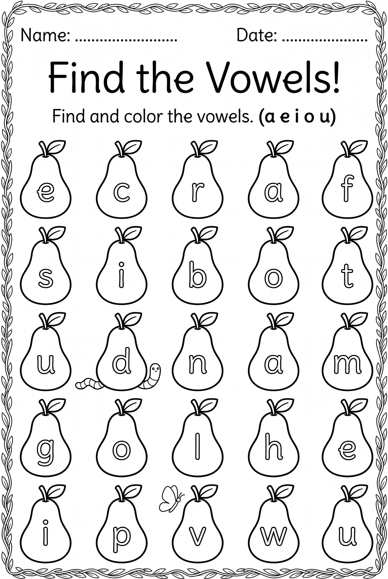 Find and Color the Vowel Pears (Kindergarten Vowels), page 1 preview