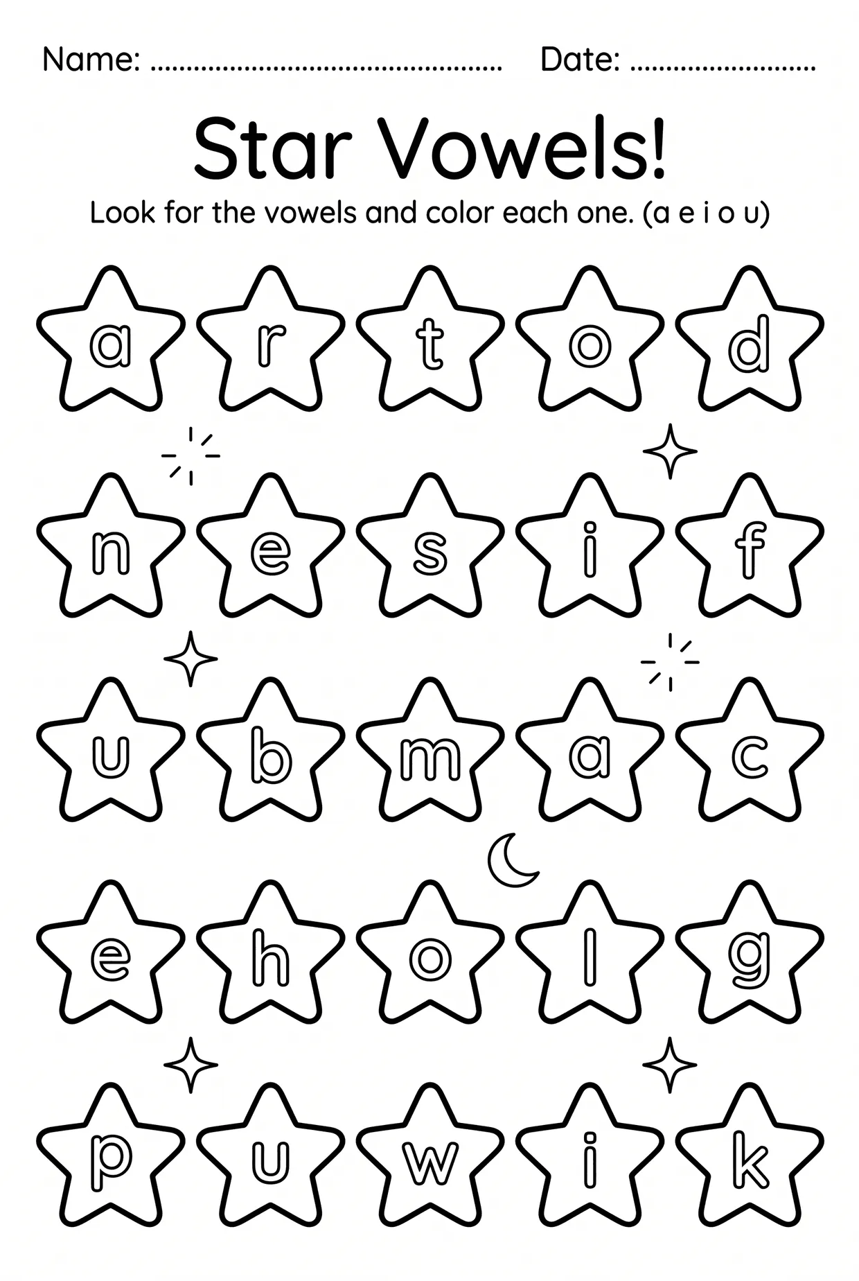 Star Vowels: Color the Vowels Kindergarten Worksheet, page 1 preview