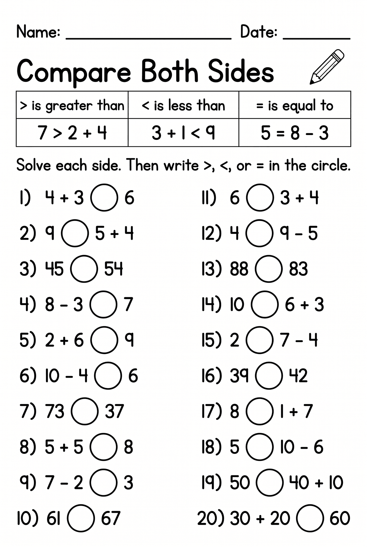 Compare Both Sides: Greater Than Less Than Worksheet