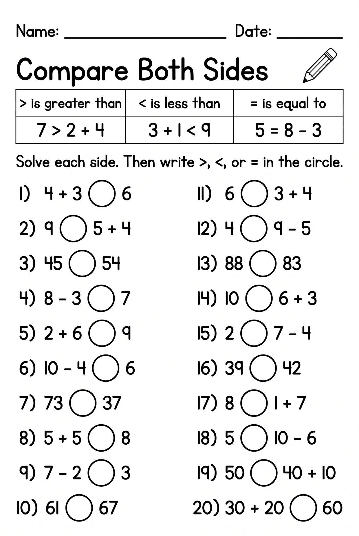 Compare Both Sides: Greater Than Less Than Worksheet, page 1 preview