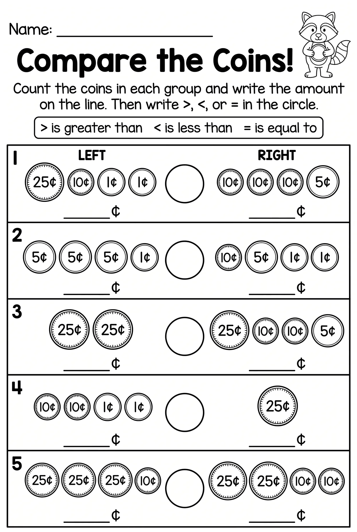 Compare Coin Amounts Money Worksheet for 2nd Grade, page 1 preview