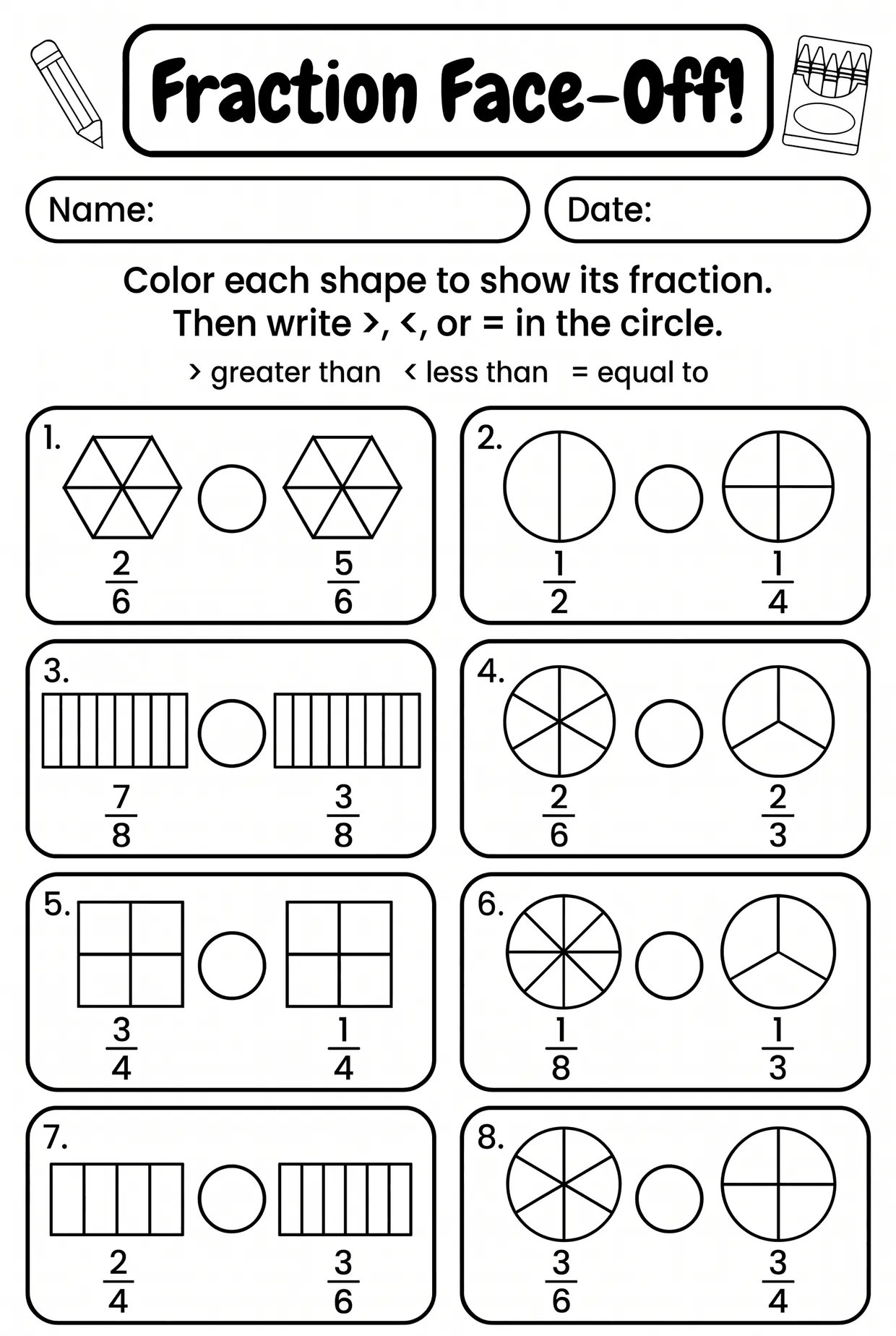 Compare Fractions Face-Off: 3rd Grade Fraction Worksheet, page 1 preview