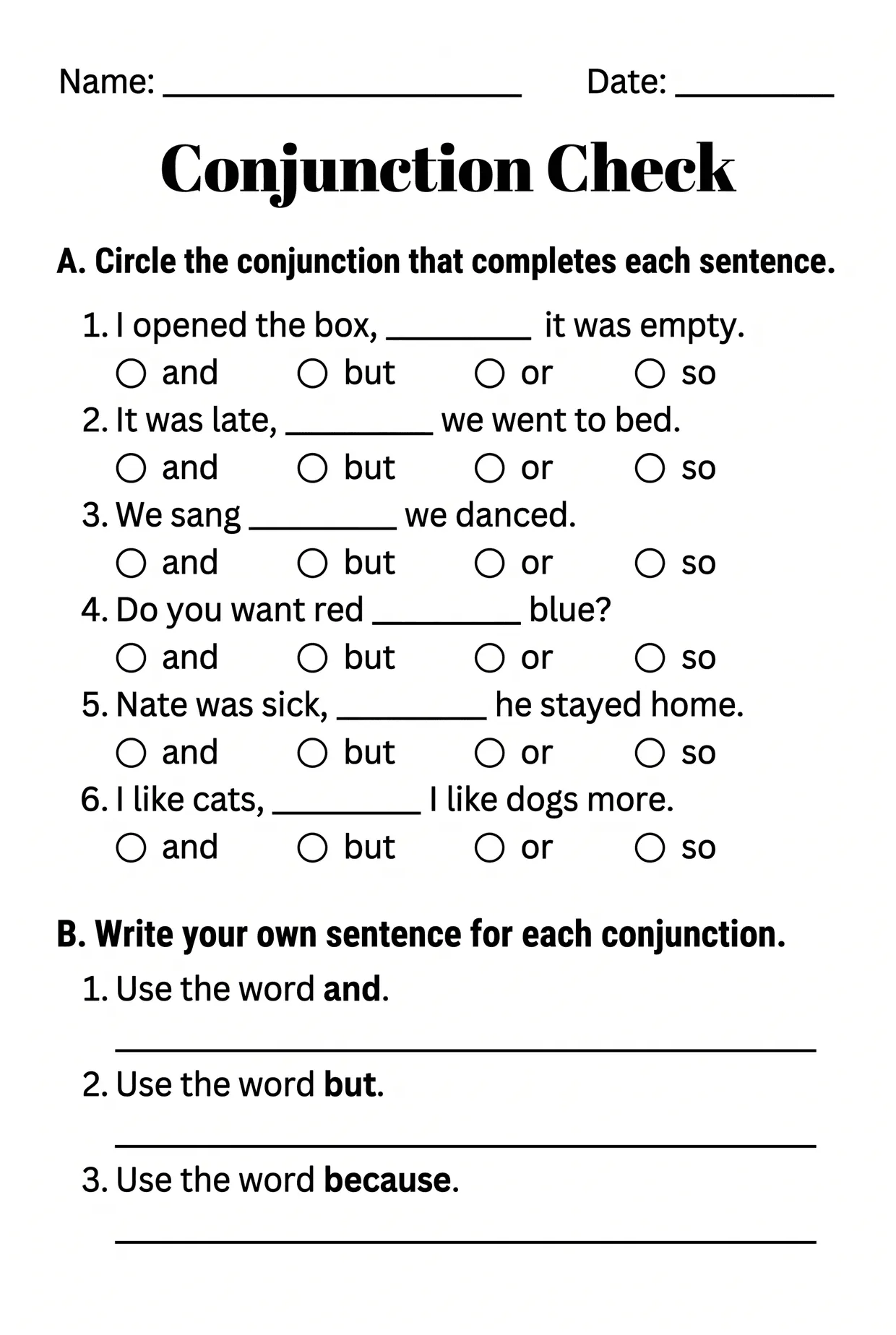Conjunction Check: Quiz and Writing Worksheet Grade 3, page 1 preview