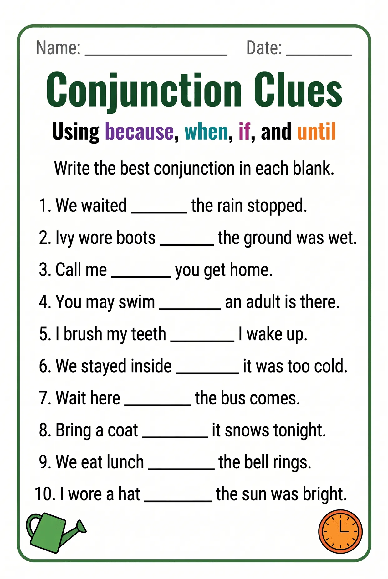 Because, When, If, Until: Conjunctions Worksheet Grade 3, page 1 preview