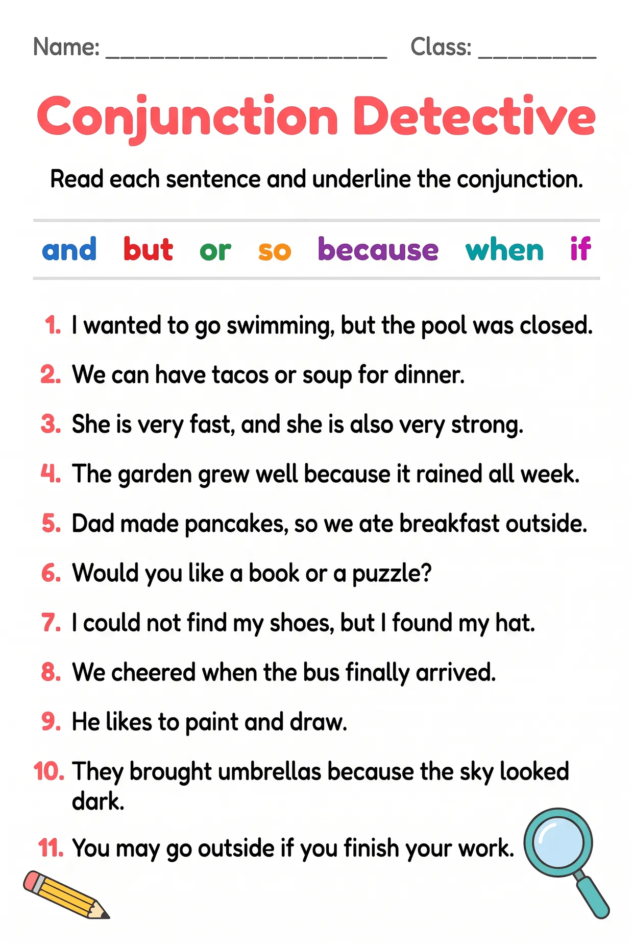 Conjunction Detective Worksheet for 3rd Grade, page 1 preview
