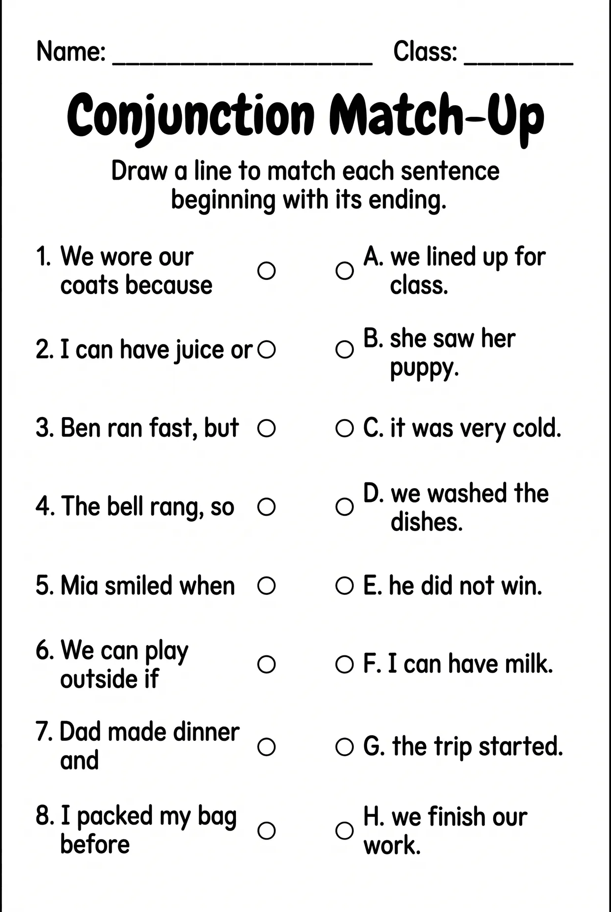 Conjunction Match-Up Worksheet for 3rd Grade, page 1 preview