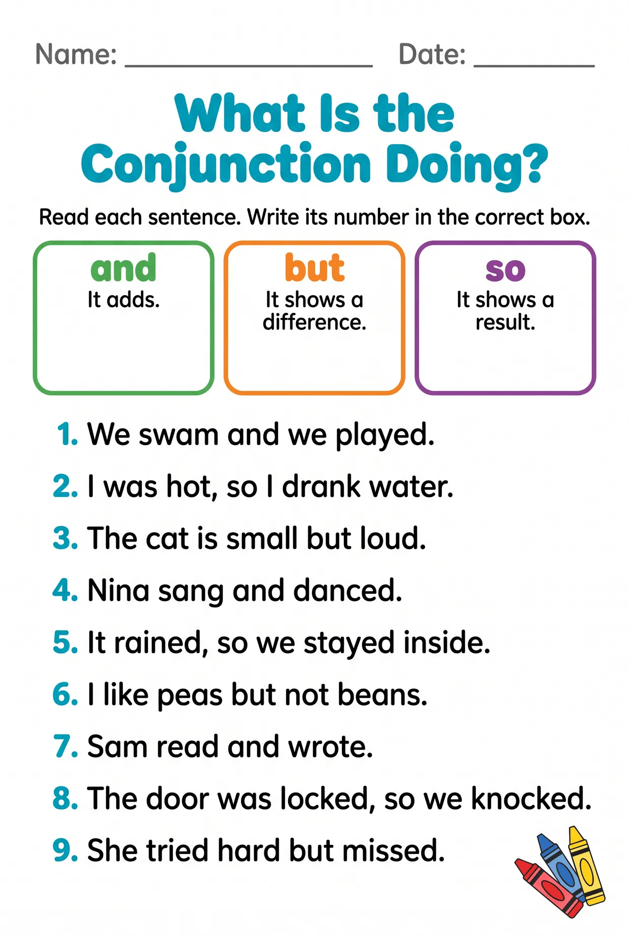 And, But or So? Conjunction Sort Worksheet for Grade 3, page 1 preview