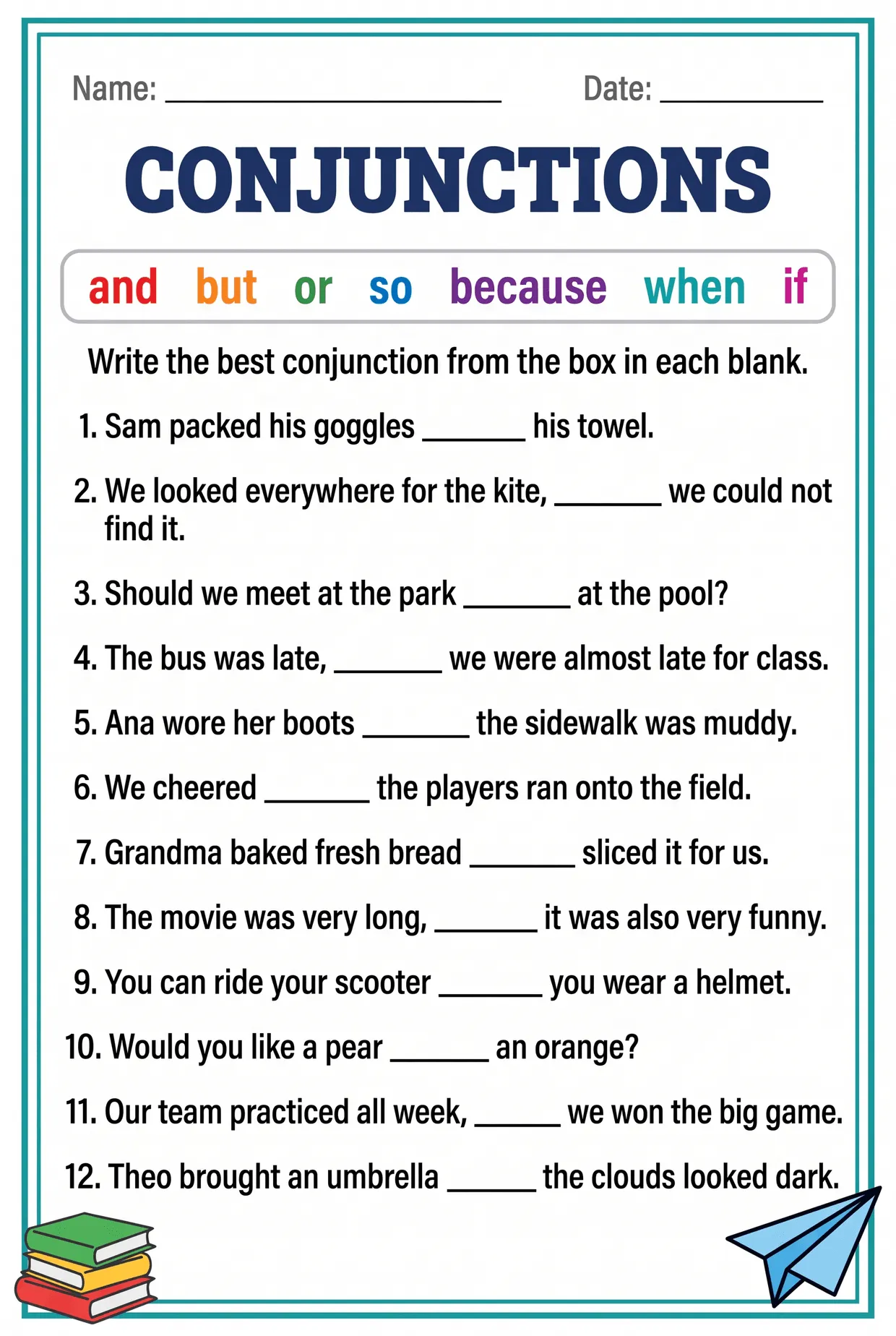 Seven Conjunctions Fill-in-the-Blank Worksheet Grade 3, page 1 preview