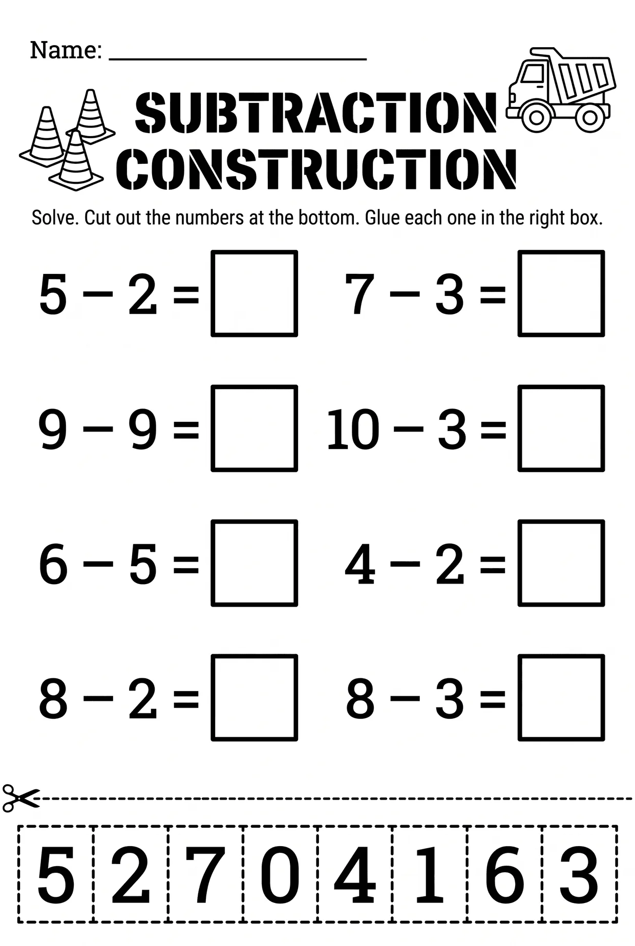 Cut and Paste Subtraction Worksheet for Kindergarten, page 1 preview
