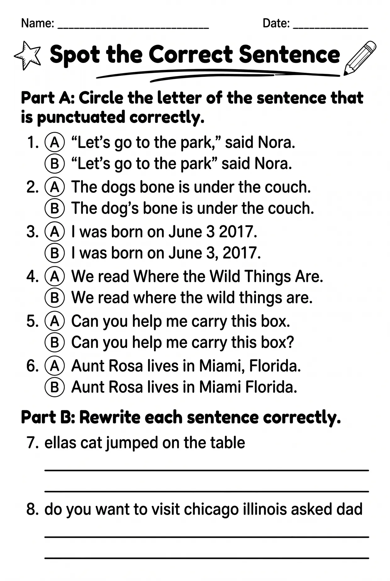 Spot the Correct Sentence: Punctuation Worksheet, page 1 preview