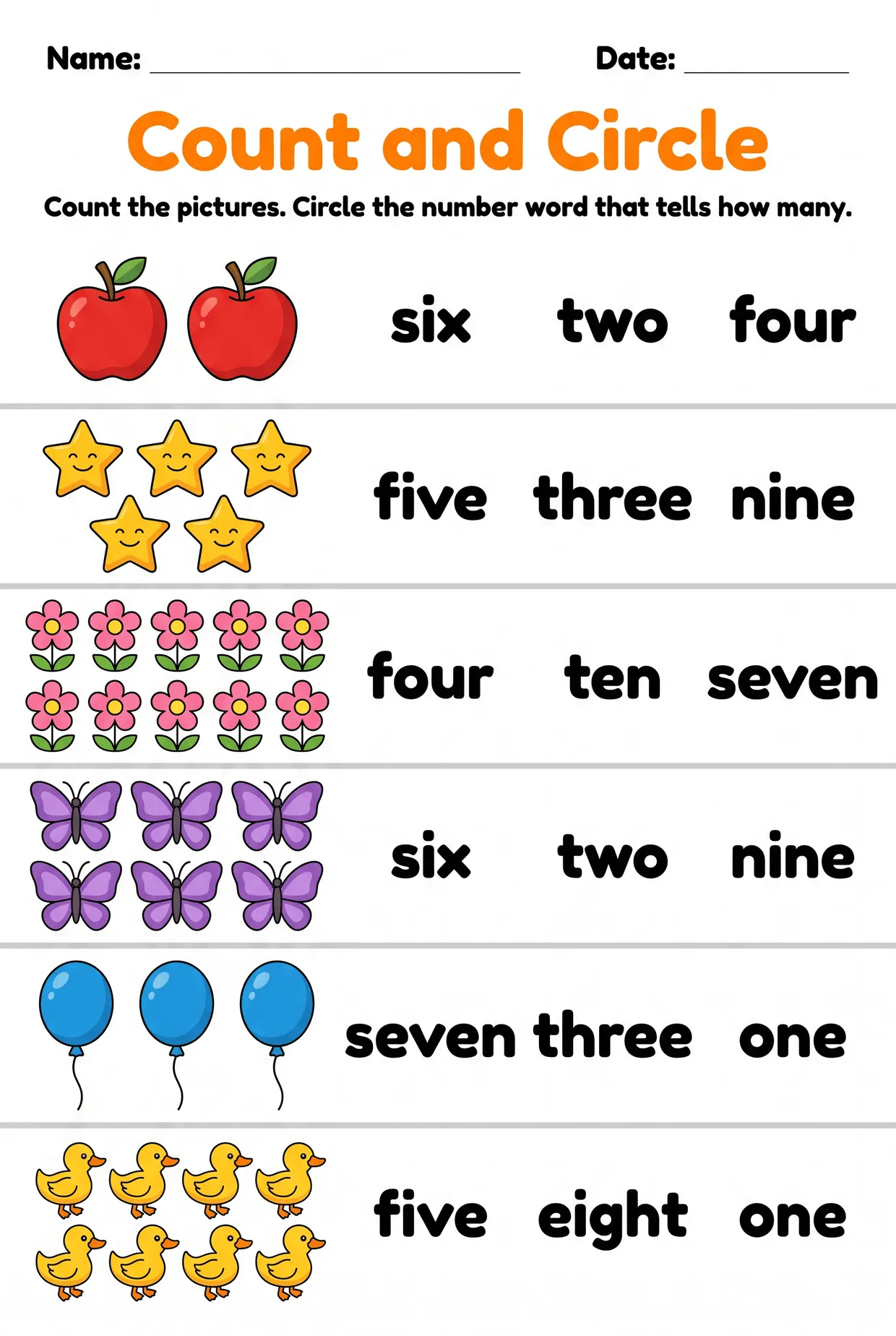 Count and Circle Number Names Worksheet for Kindergarten worksheet preview