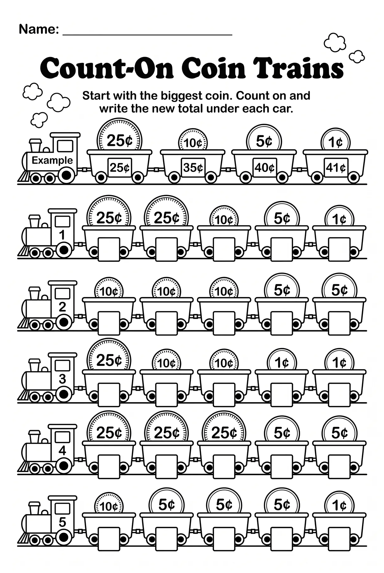 Count-On Coin Trains: 2nd Grade Money Worksheet, page 1 preview