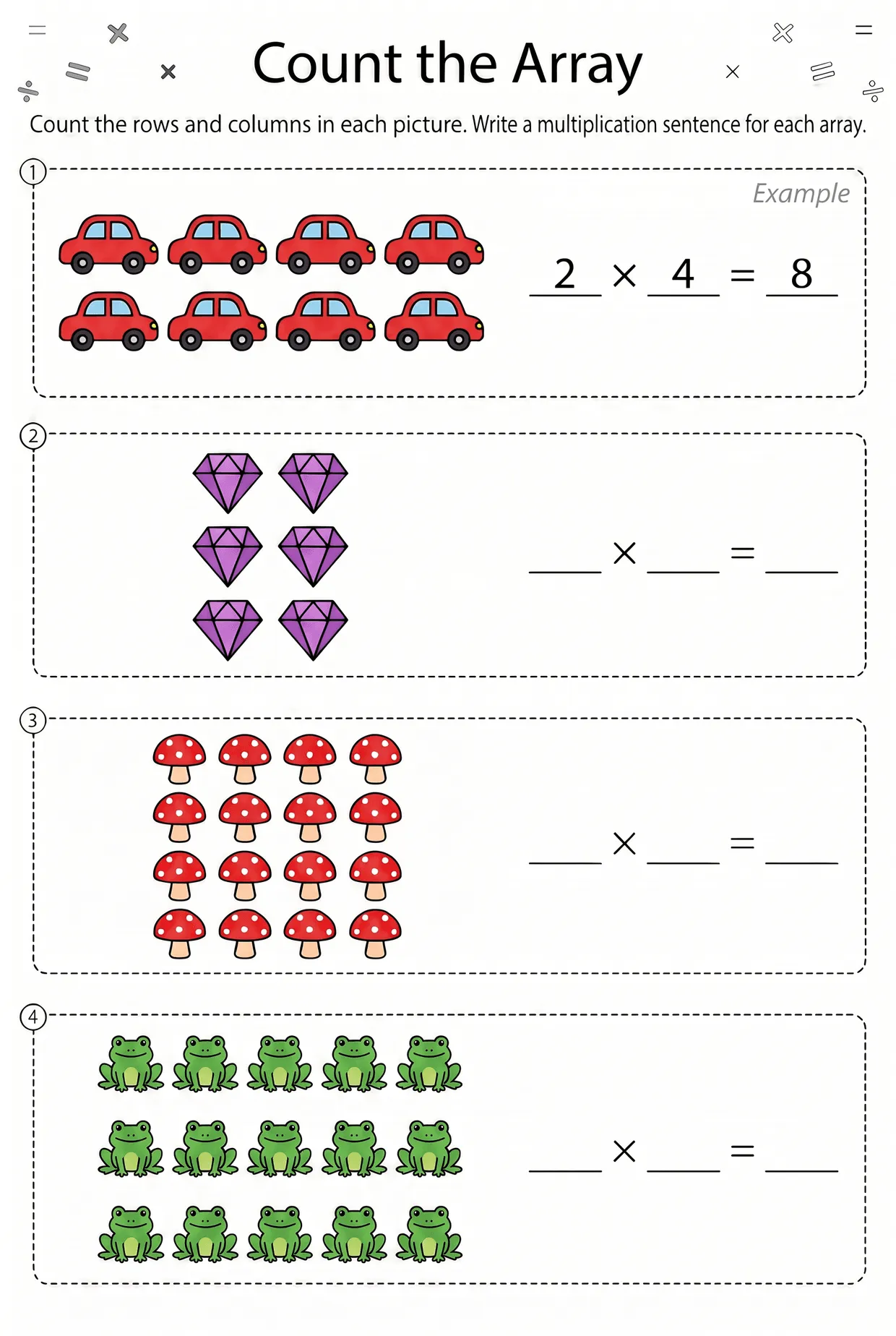 Count the Array Multiplication Worksheet: Cars and Frogs worksheet preview
