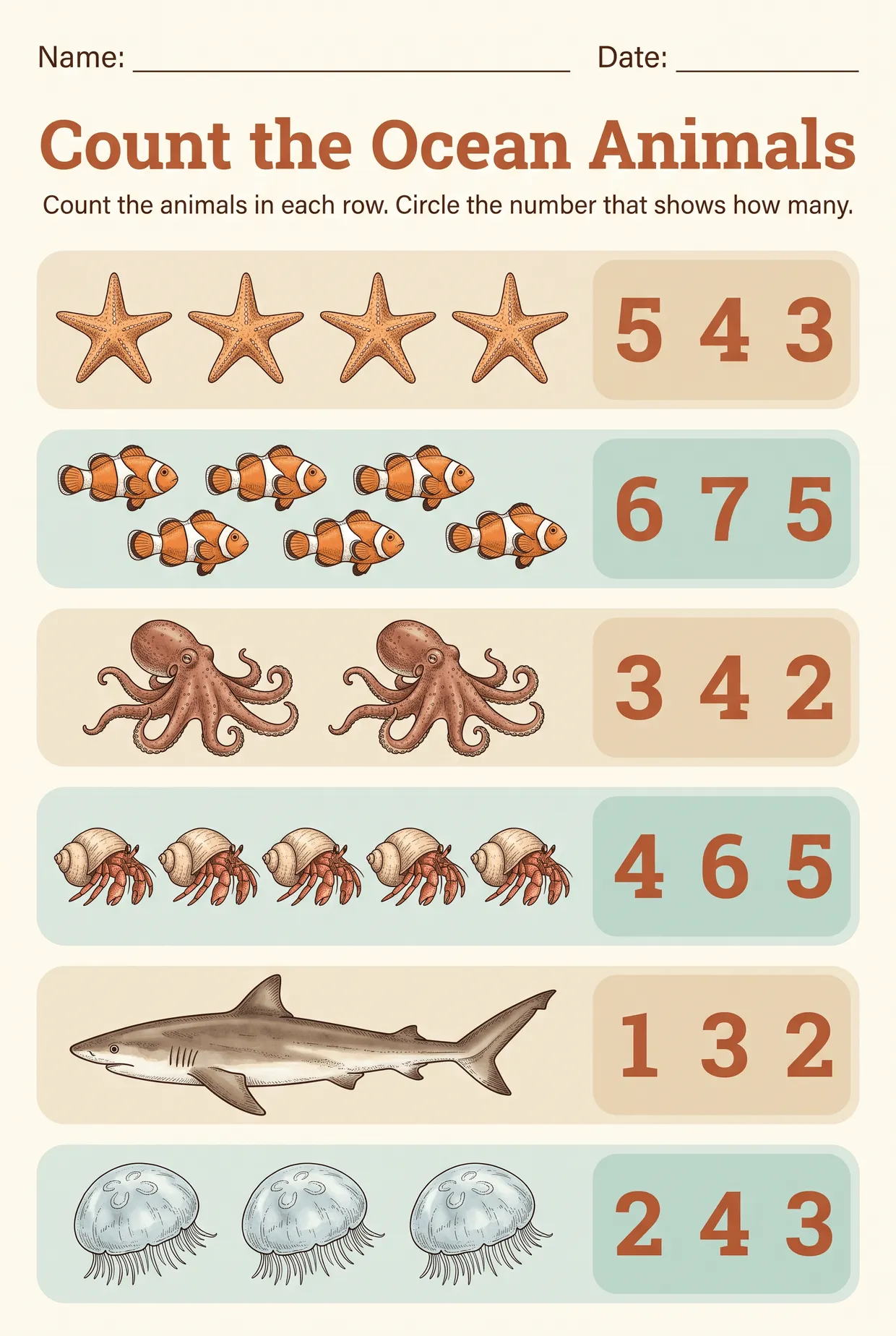 Count the Sea Animals Worksheet for Numbers 1 to 6, page 1 preview