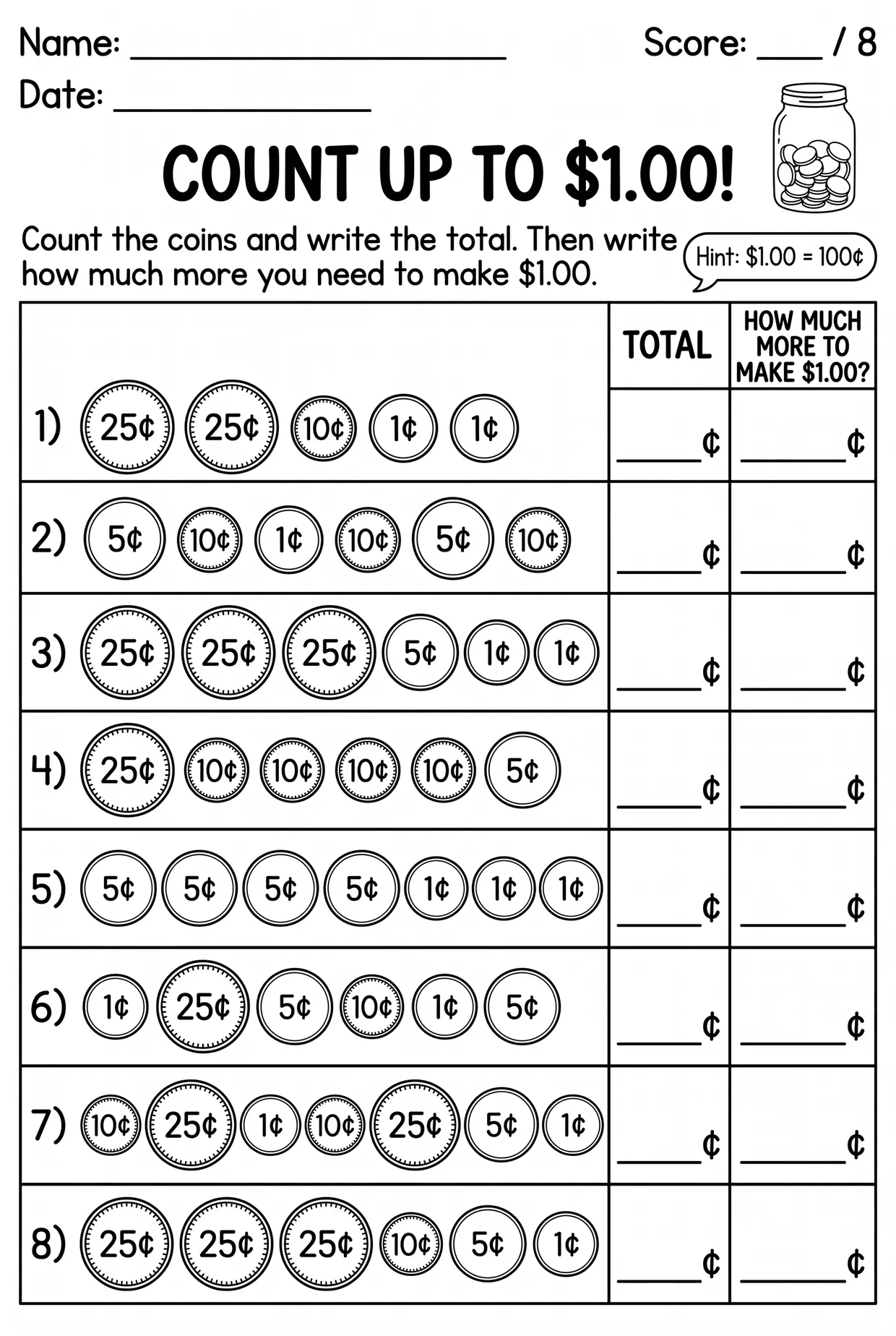Count Up to a Dollar: 2nd Grade Money Worksheet, page 1 preview