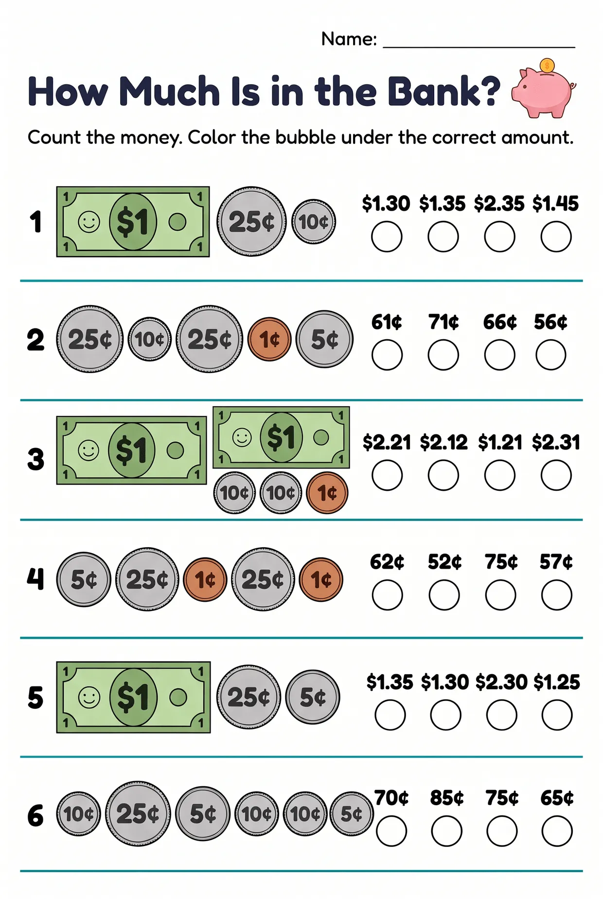 Counting Coins and Dollar Bills: Grade 2 Money Worksheet, page 1 preview