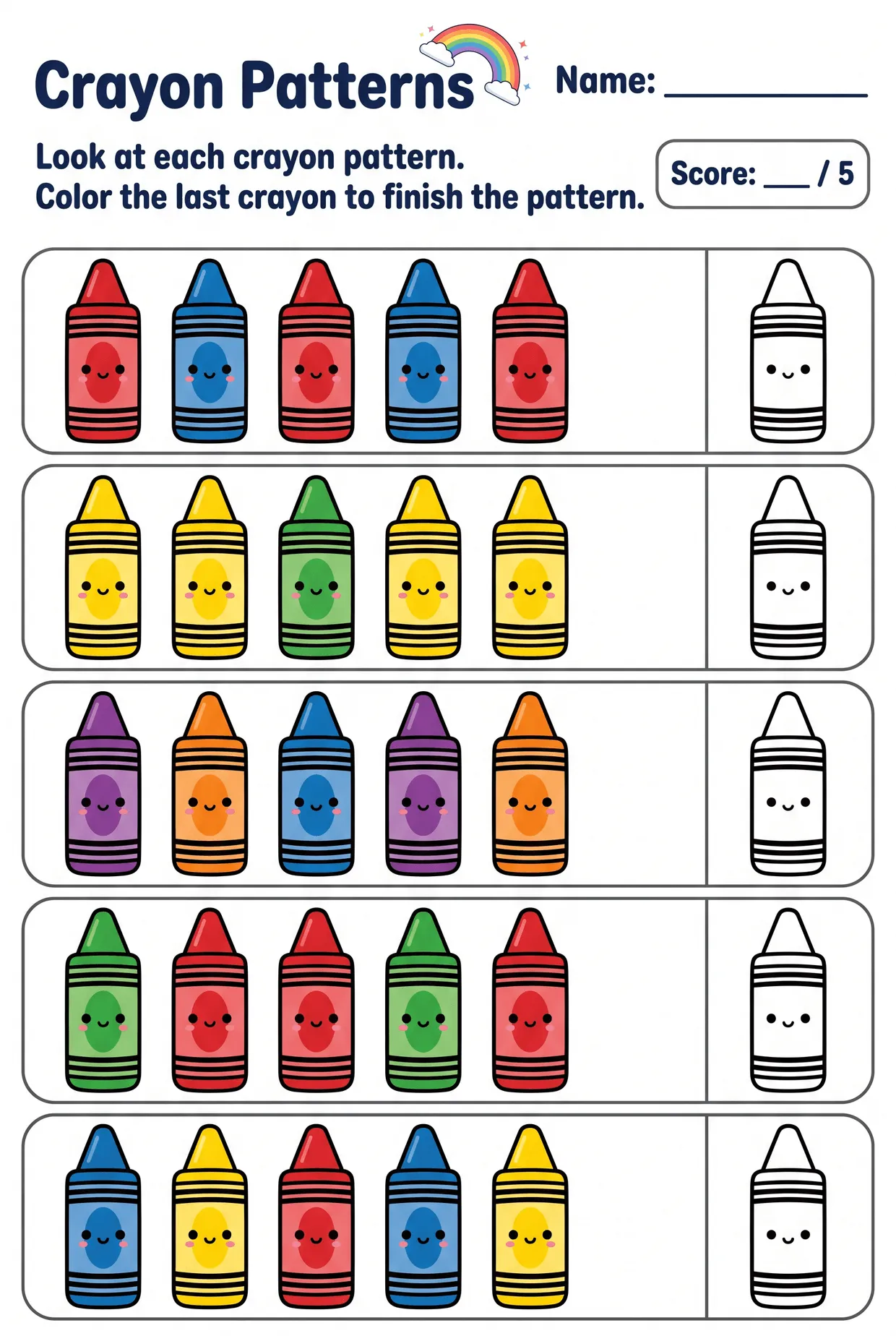 Crayon Color Pattern Worksheet for Kindergarten, page 1 preview