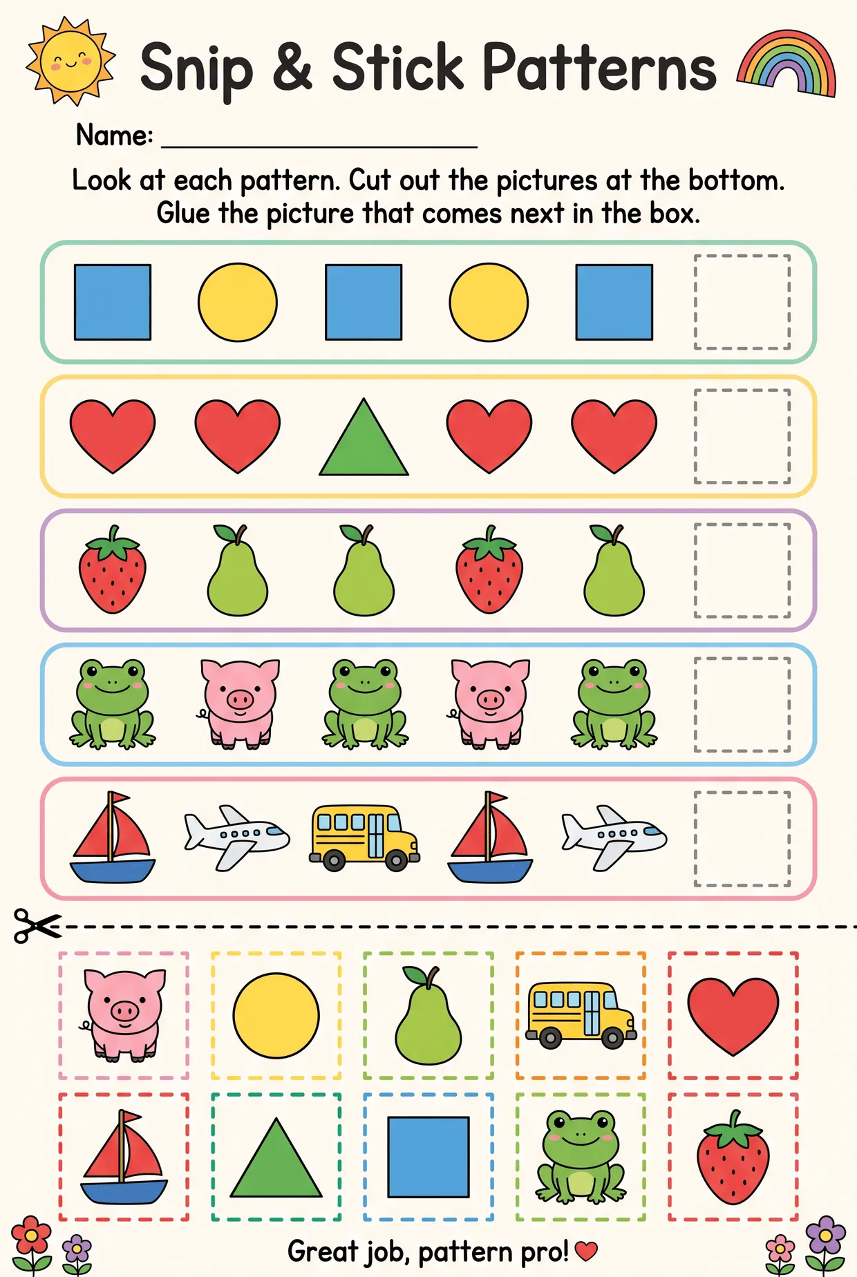 Cut and Paste Picture Pattern Worksheet for Kindergarten, page 1 preview