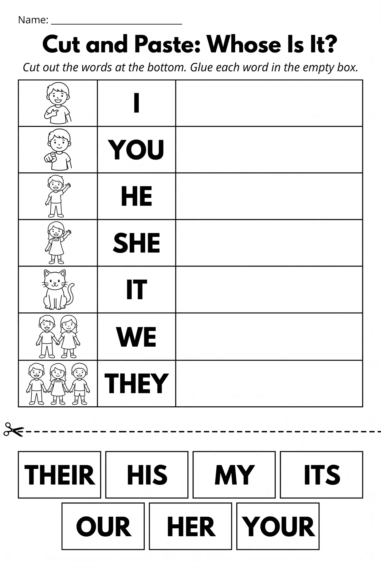 Cut and Paste Possessive Adjectives Worksheet, page 1 preview