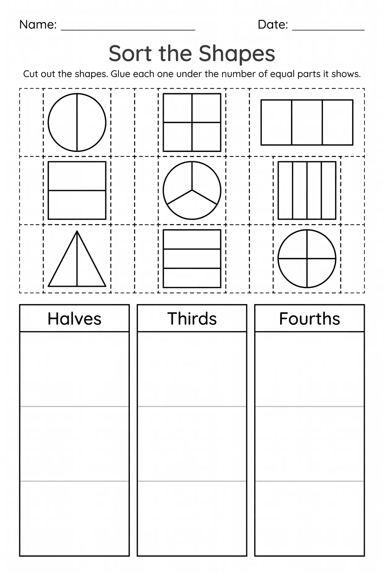 Cut and Paste Fraction Sort Worksheet for 2nd Grade worksheet preview