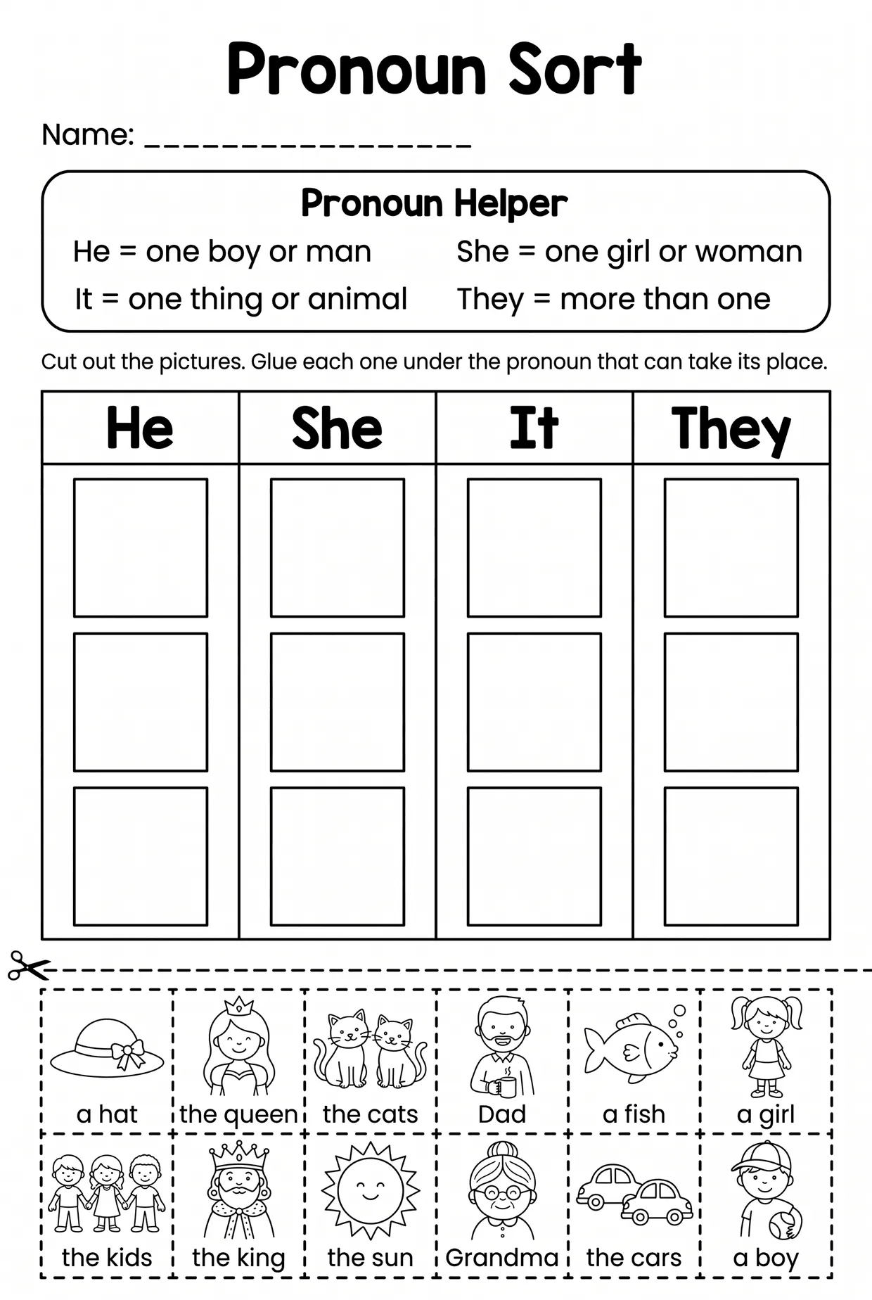 Cut and Paste Pronoun Sort Worksheet for Grade 1 worksheet preview