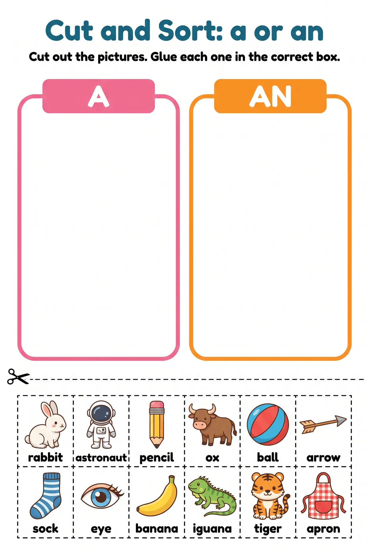 Cut and Sort A or An Articles Worksheet Grade 1, page 1 preview