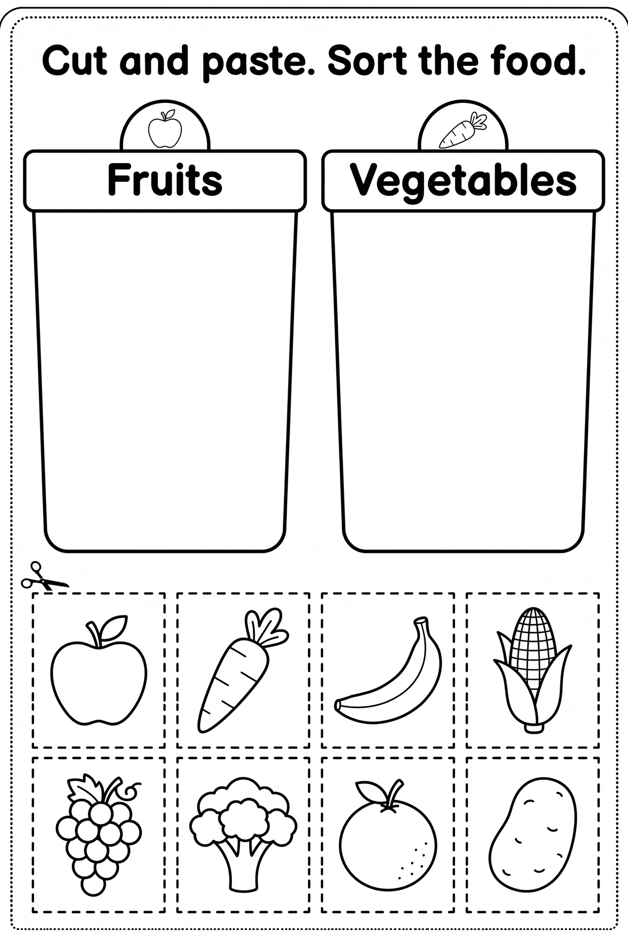 Cut and Paste: Sort the Food (Fruits vs. Vegetables) worksheet preview