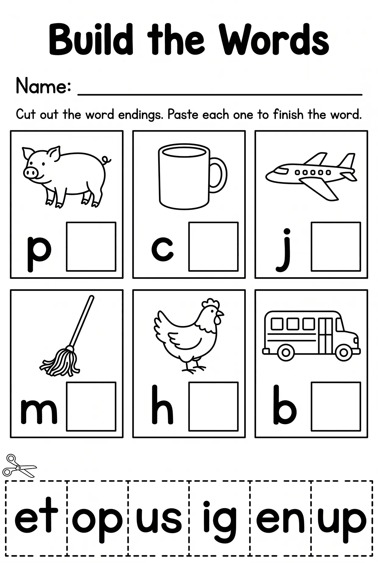 Build the Words CVC Cut and Paste Kindergarten Worksheet, page 1 preview