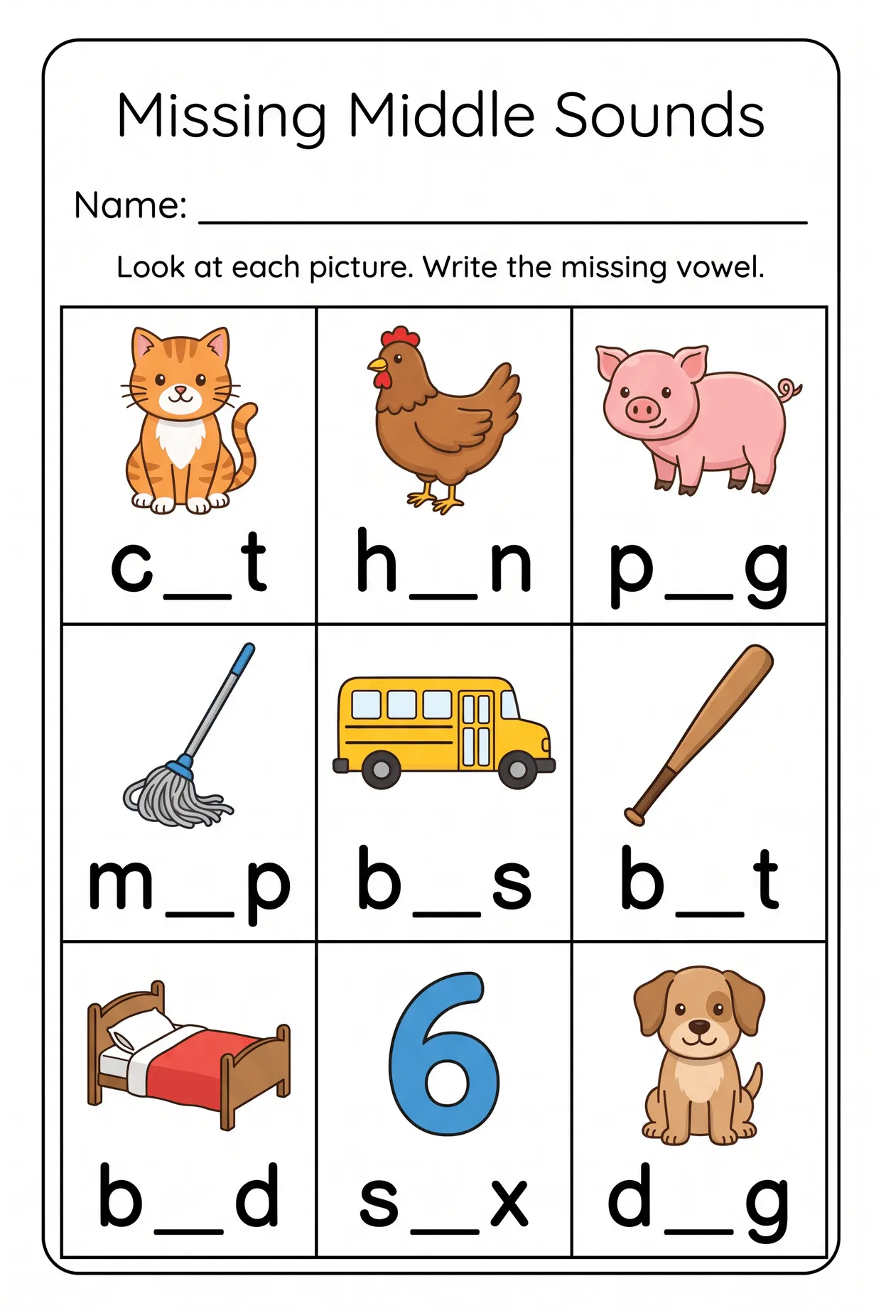 Missing Middle Sounds CVC Words Kindergarten Worksheet, page 1 preview