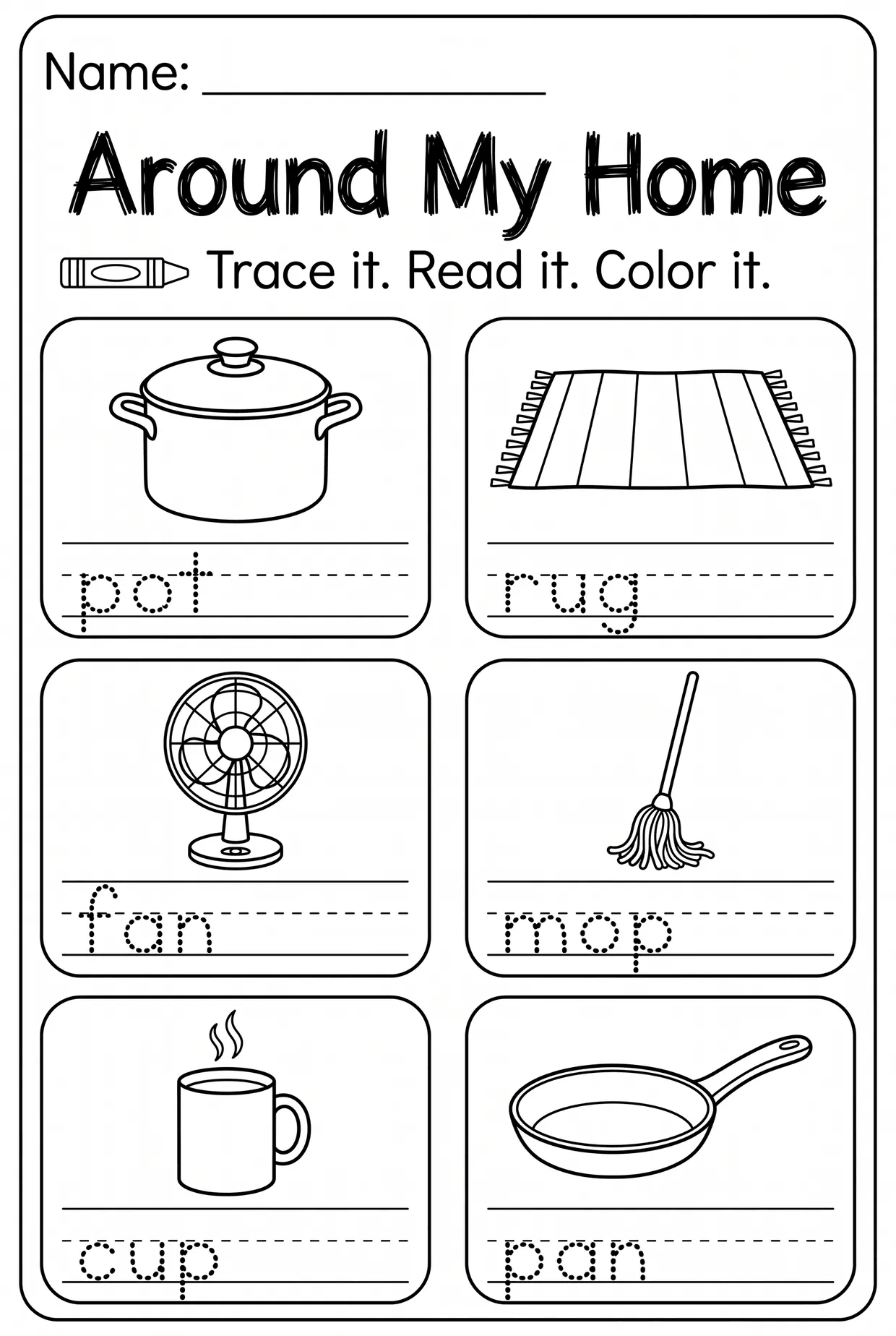 Around My Home CVC Words Tracing Worksheet, page 1 preview
