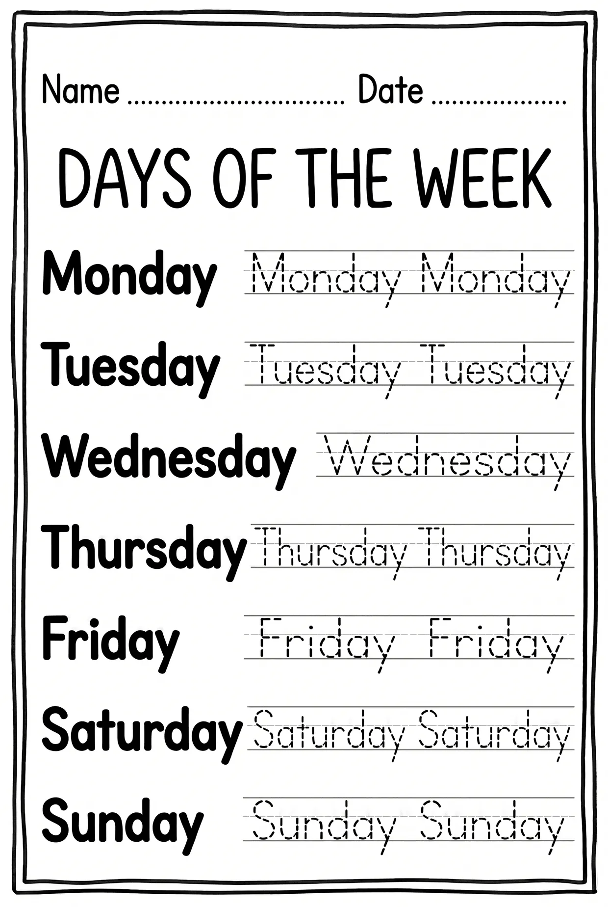 Days of the Week Tracing worksheet preview