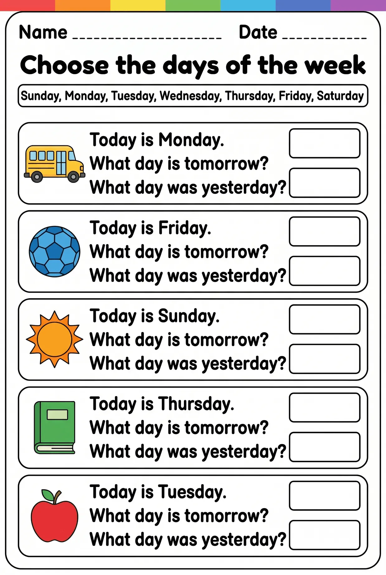 Days of the Week: Tomorrow and Yesterday worksheet preview