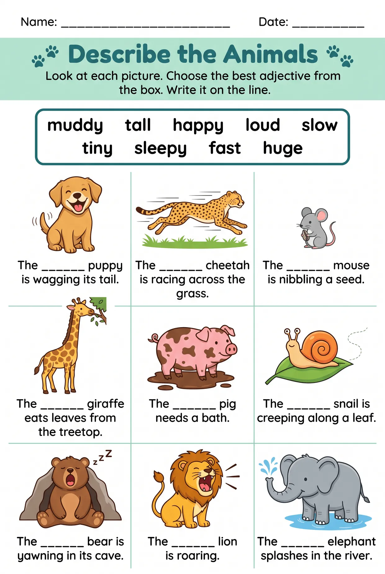 Describe the Animals: Adjectives Worksheet for 2nd Grade, page 1 preview