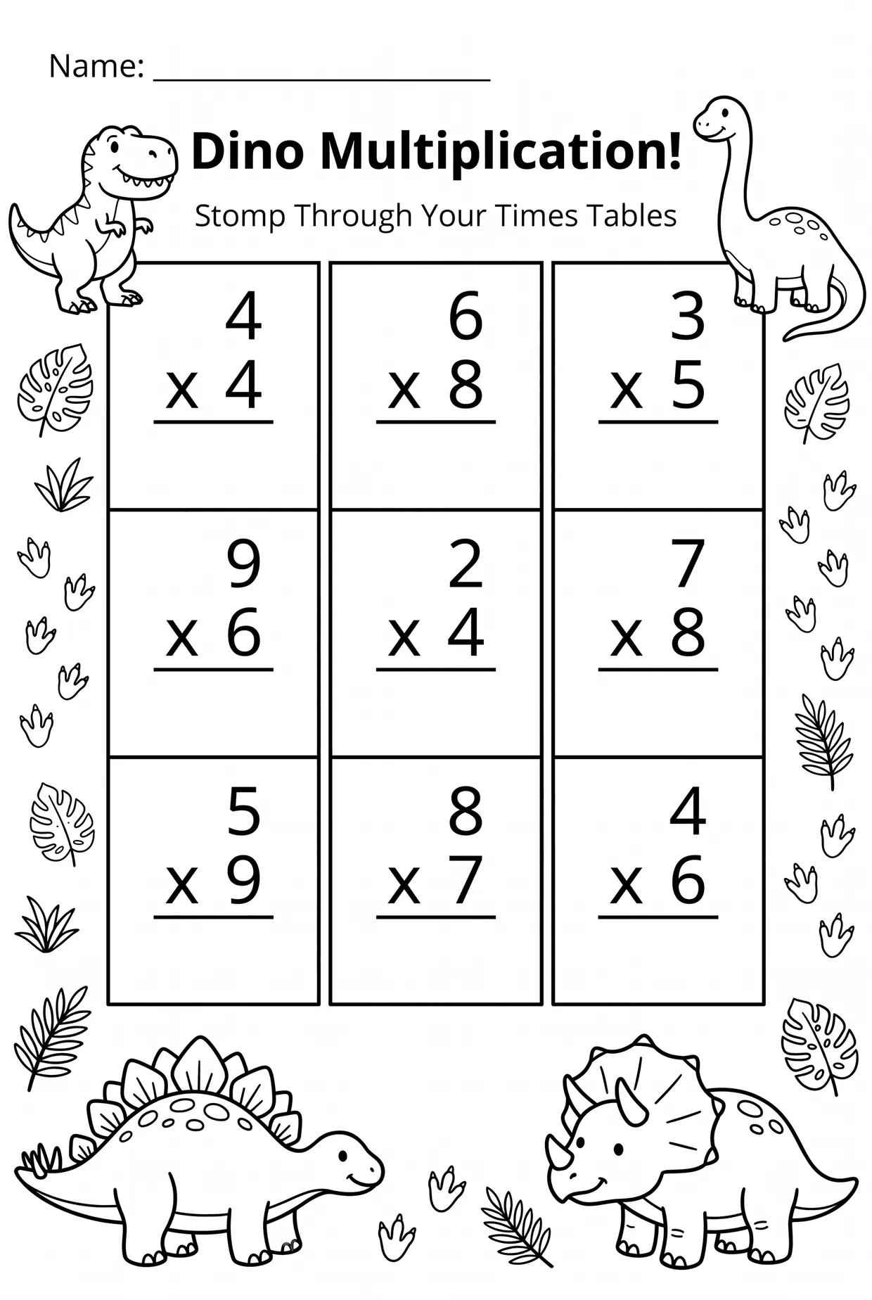 Dino Multiplication Worksheet: Times Tables to 9, page 1 preview