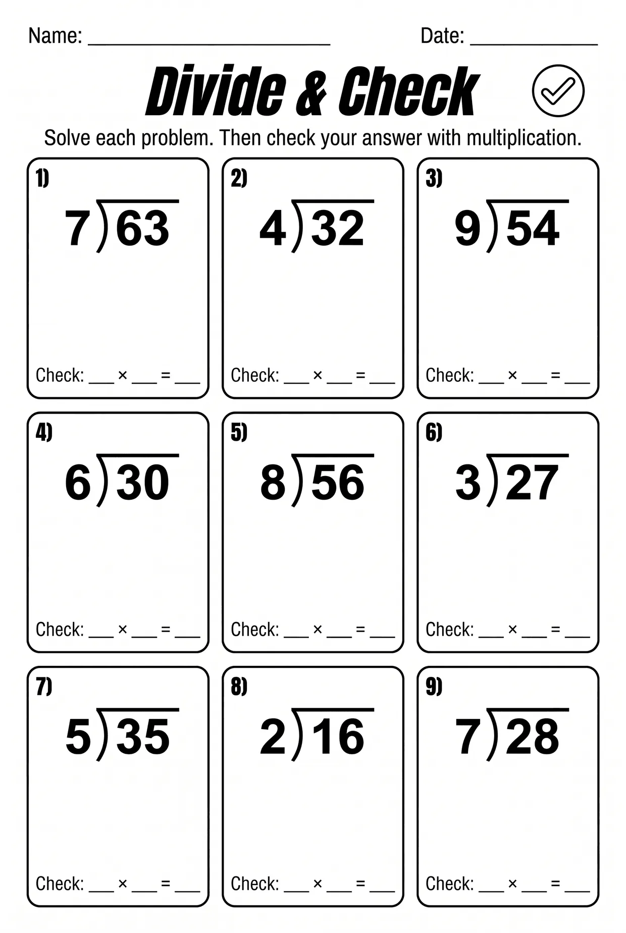 Divide and Check Division Worksheet for 3rd Grade, page 1 preview