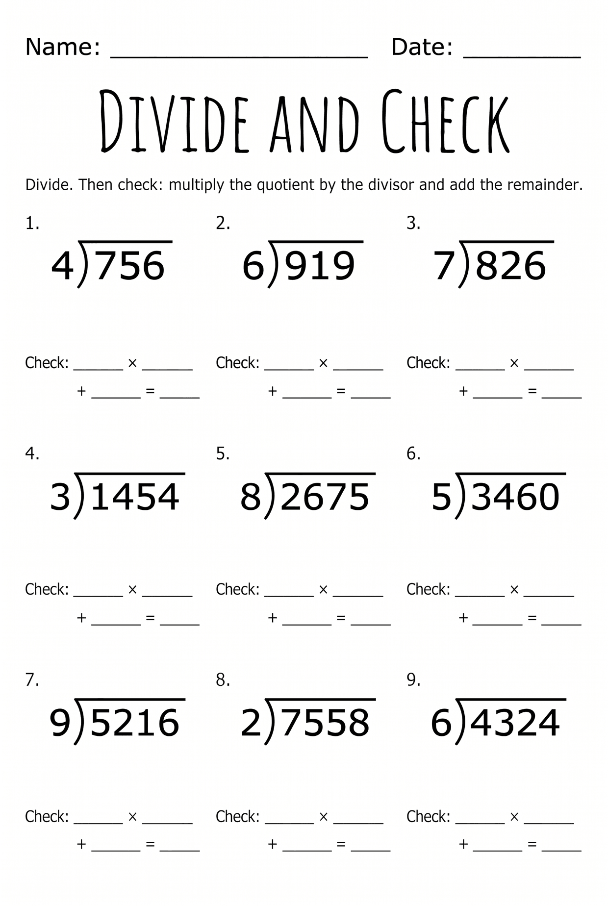 Split 25 Divide and Check Division Worksheet for Grade 4