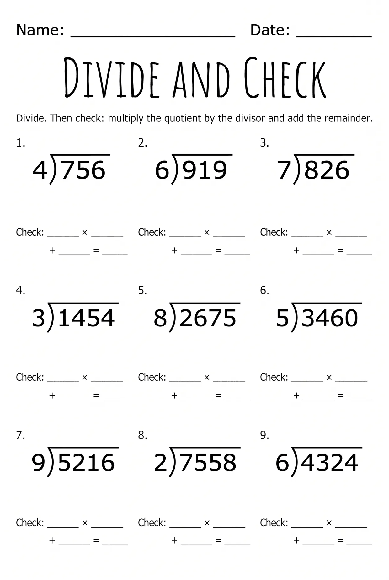 Divide and Check Division Worksheet for Grade 4, page 1 preview