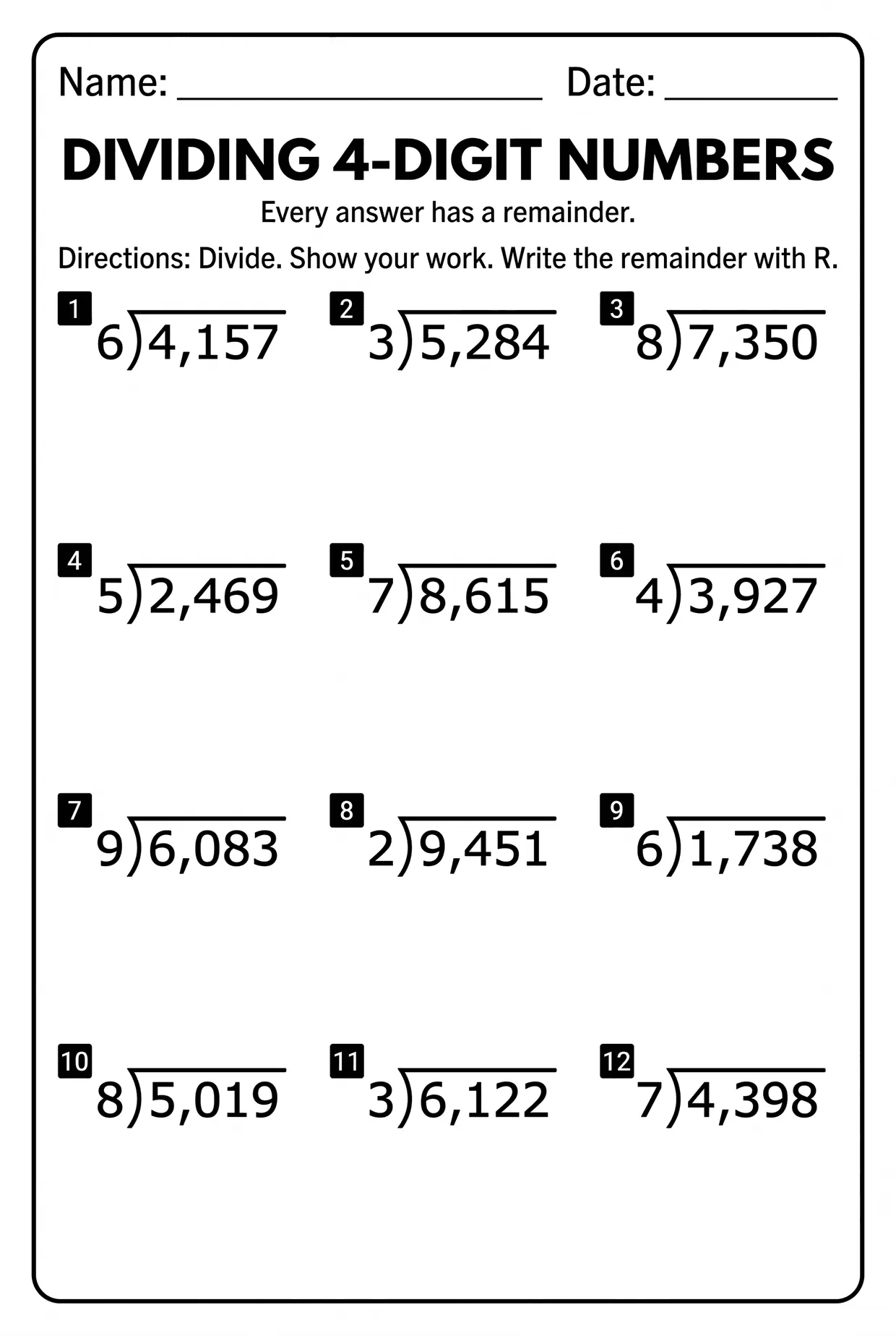 4-Digit Division With Remainders Worksheet for Grade 4, page 1 preview