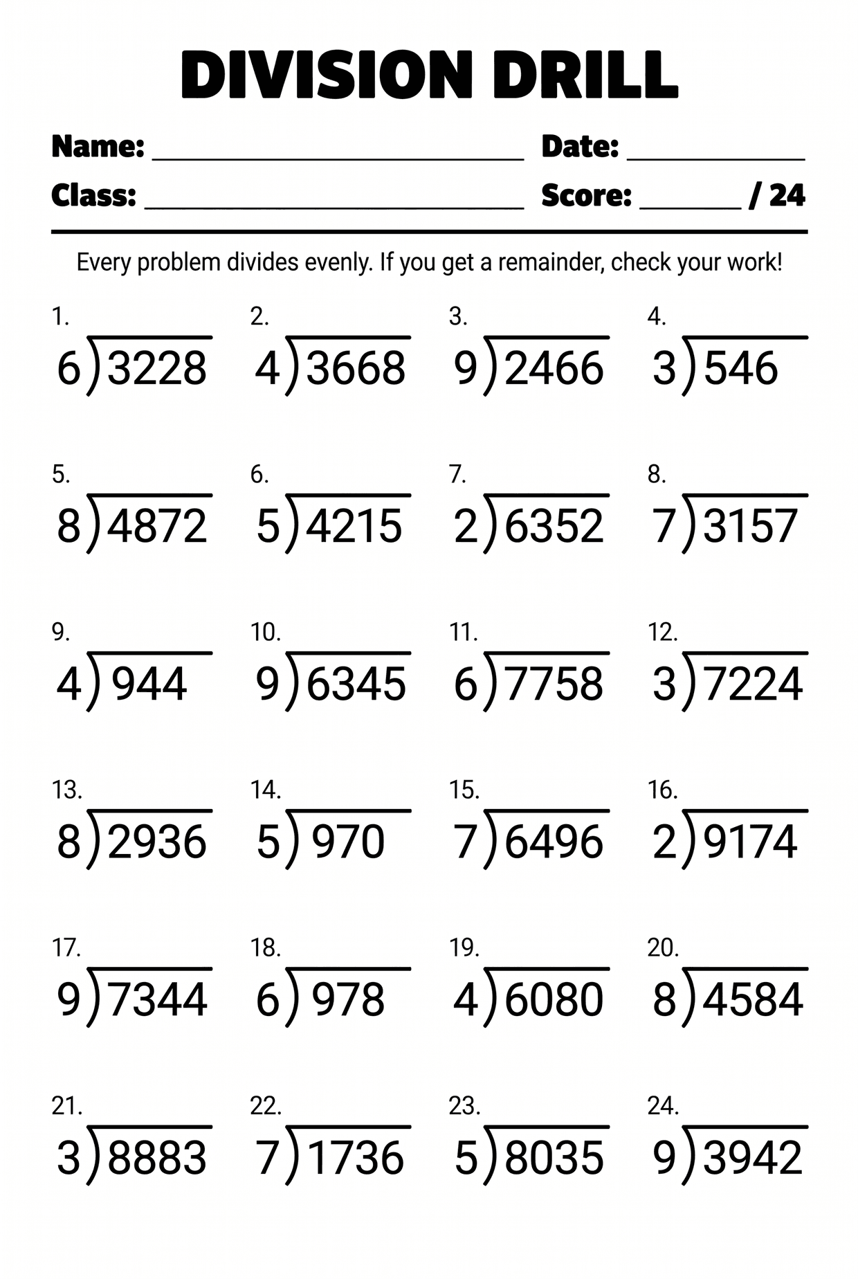 Division Problem Meaning Division Drill Worksheet for 4th Grade No Remainders