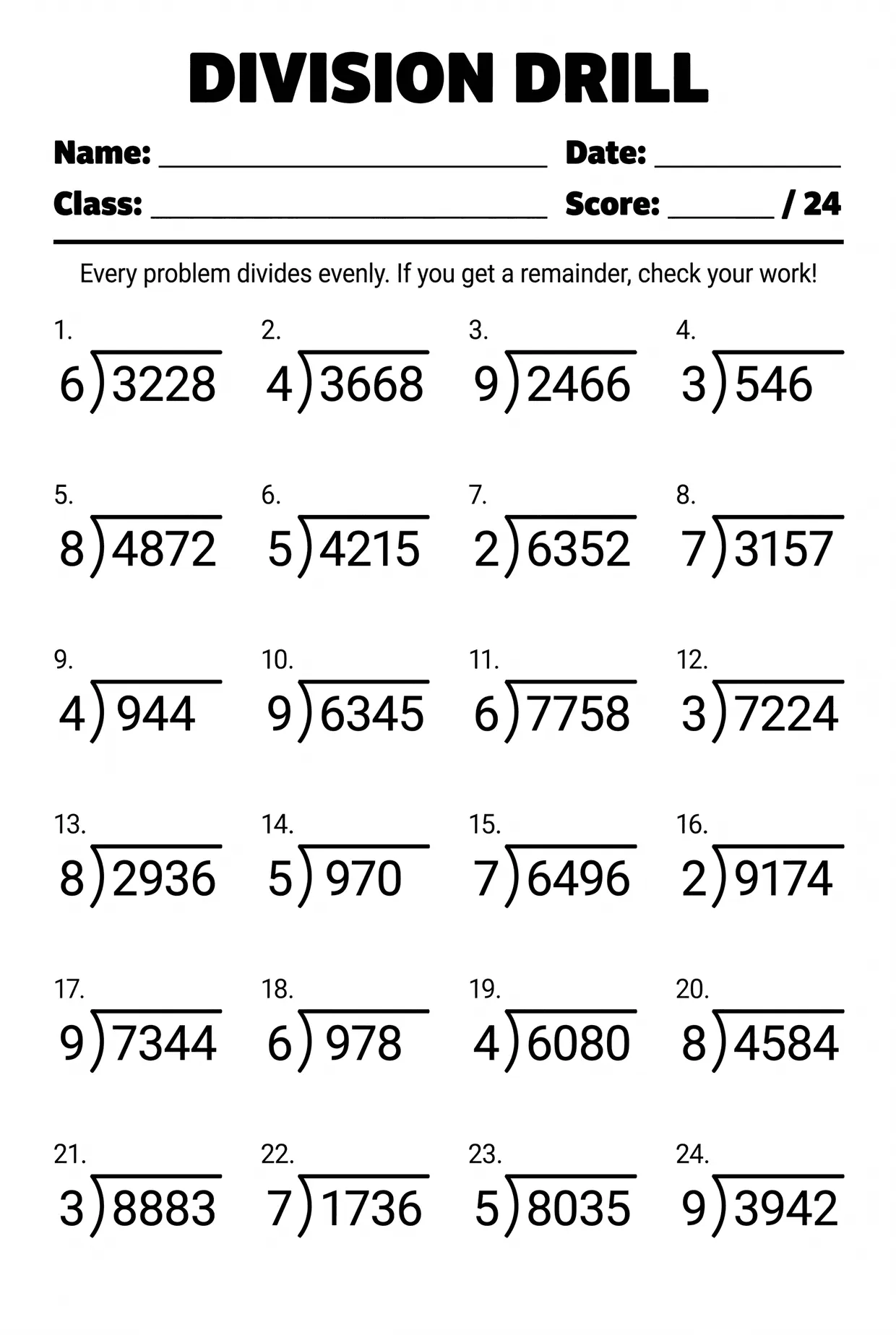Division Drill Worksheet for 4th Grade No Remainders, page 1 preview