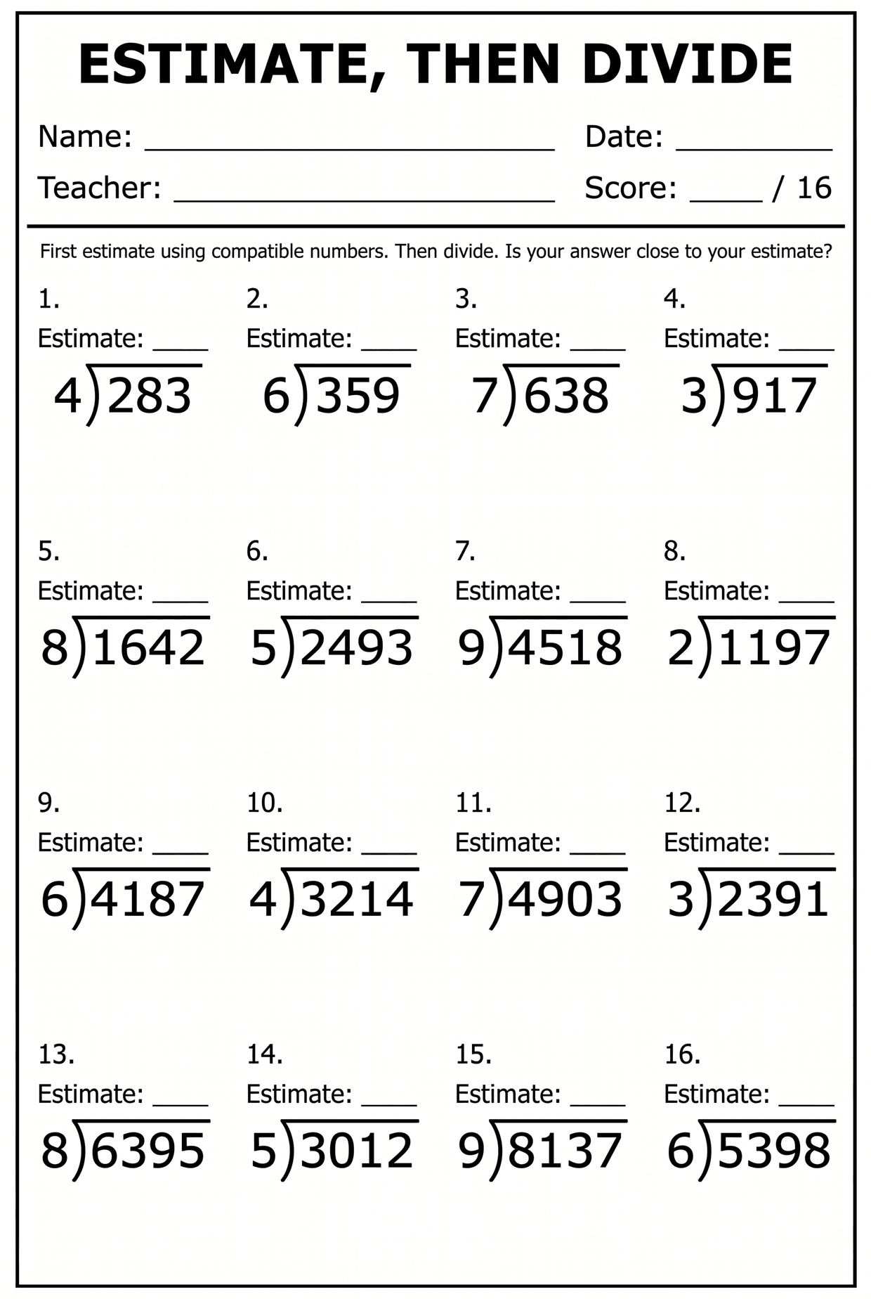 Year 4 Math Homework Division Estimate Then Divide 4th Grade Division Worksheet