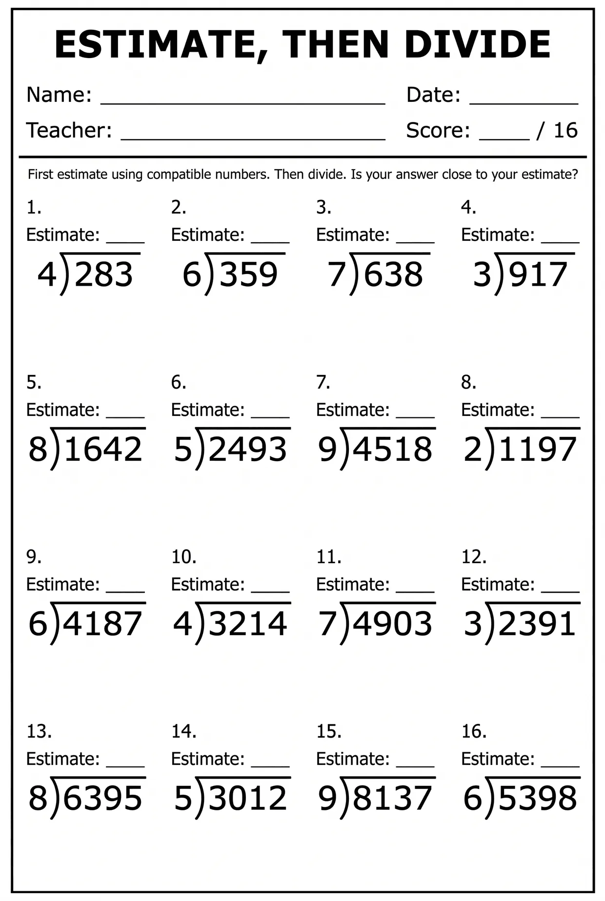 Estimate Then Divide 4th Grade Division Worksheet, page 1 preview