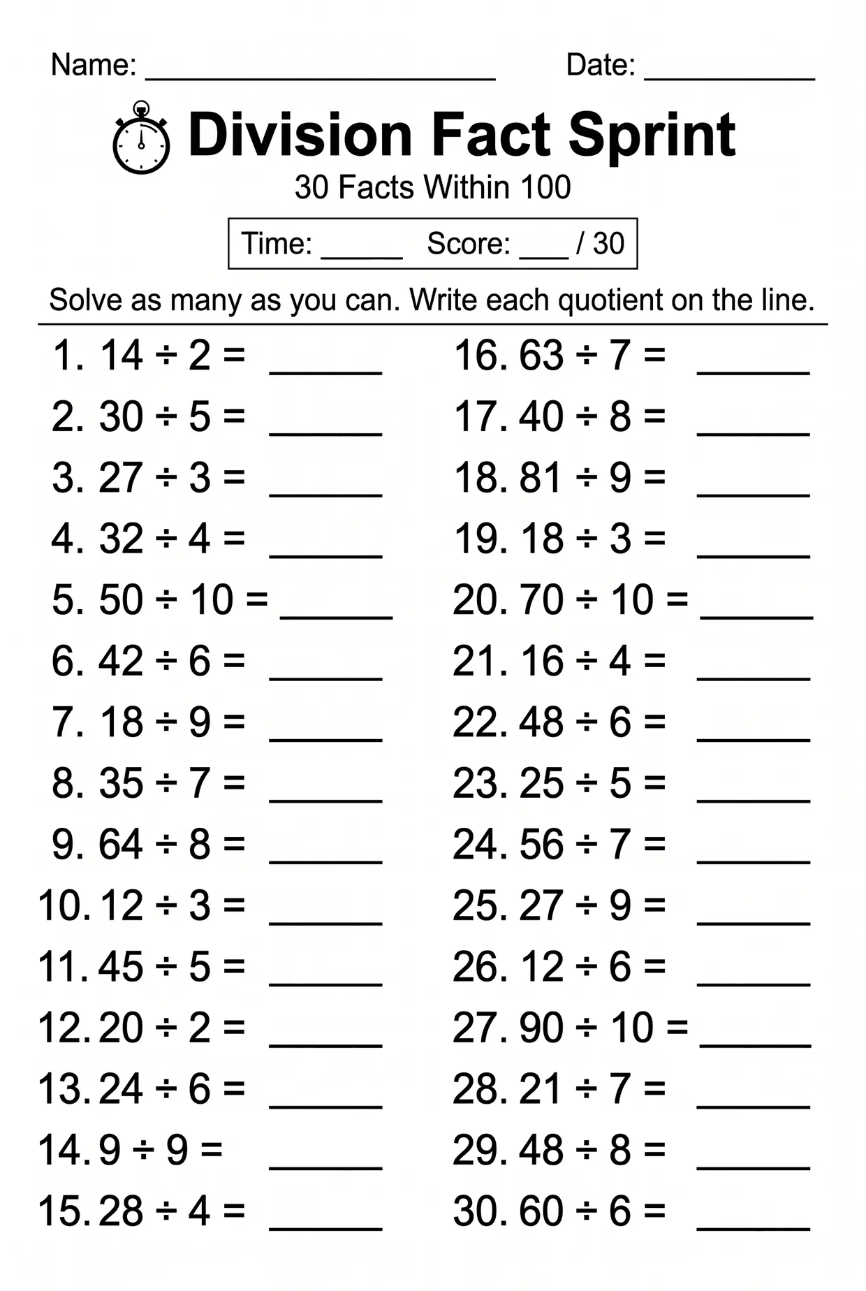 Division Fact Sprint Timed Worksheet for 3rd Grade, page 1 preview