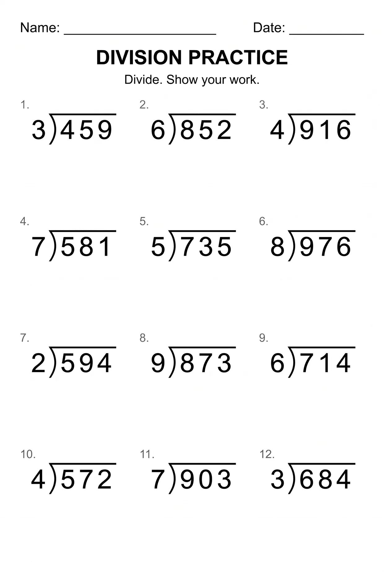 Three-Digit Division Worksheet for 4th Grade, page 1 preview