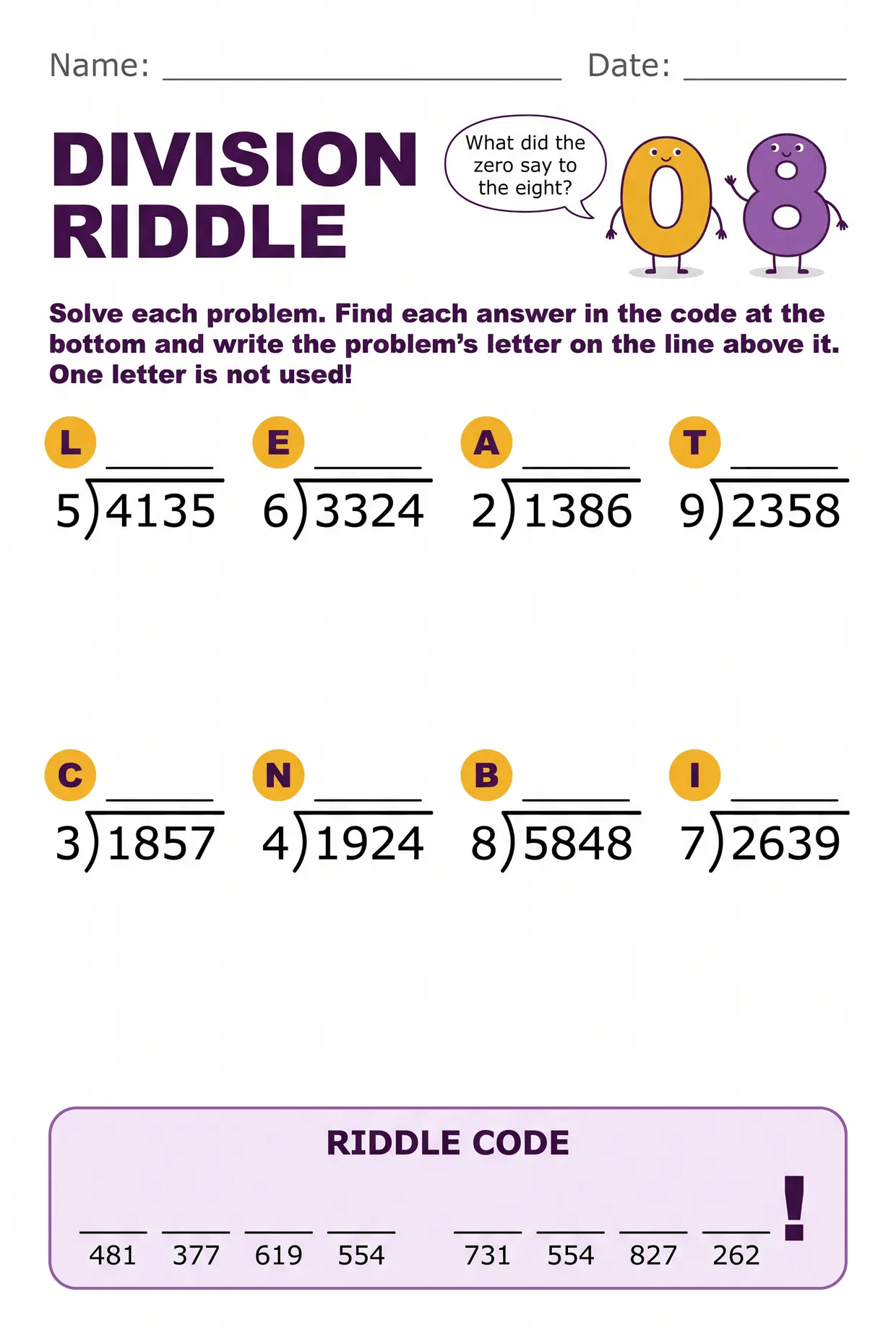 Division Riddle Worksheet for 4th Grade, page 1 preview