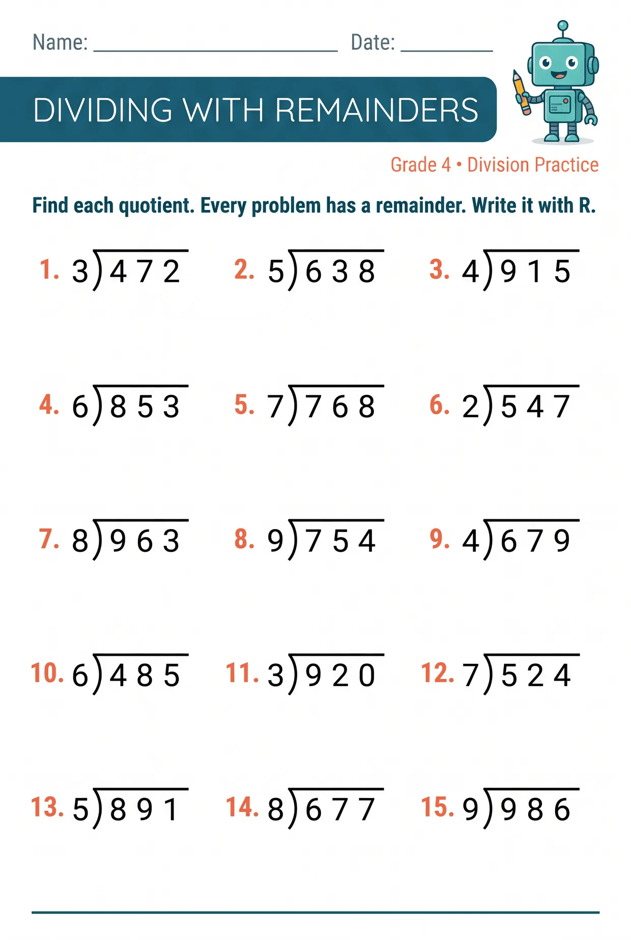 Robot Division With Remainders Worksheet for Grade 4, page 1 preview