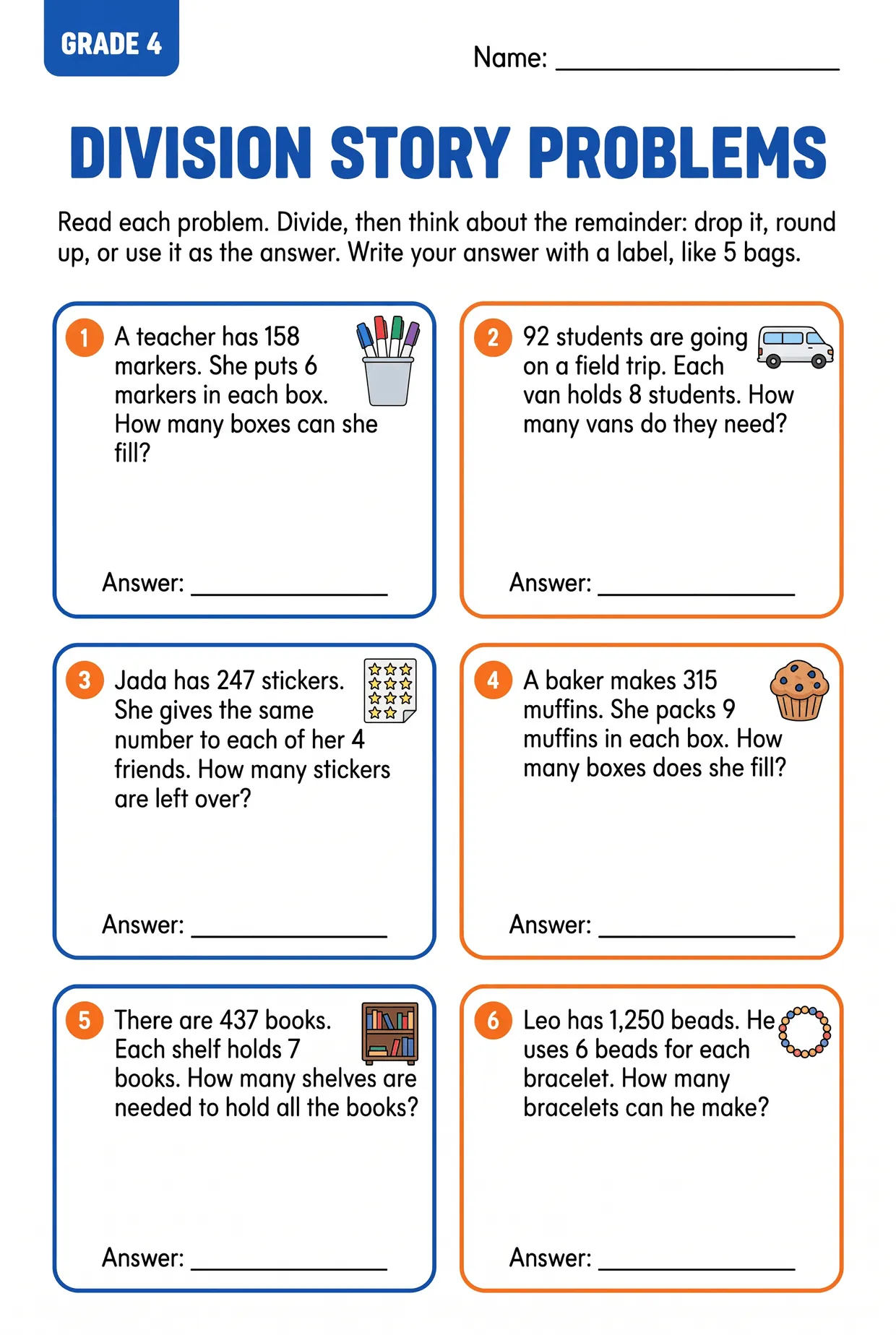 Division Word Problems Worksheet for 4th Grade, page 1 preview