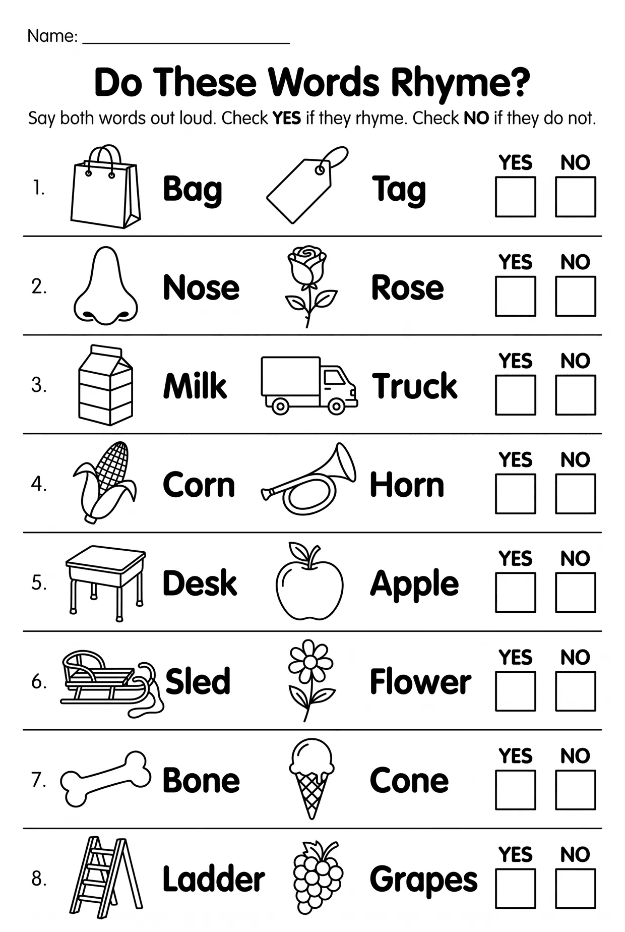 Do These Words Rhyme? Yes/No Rhyming Words Worksheet, page 1 preview