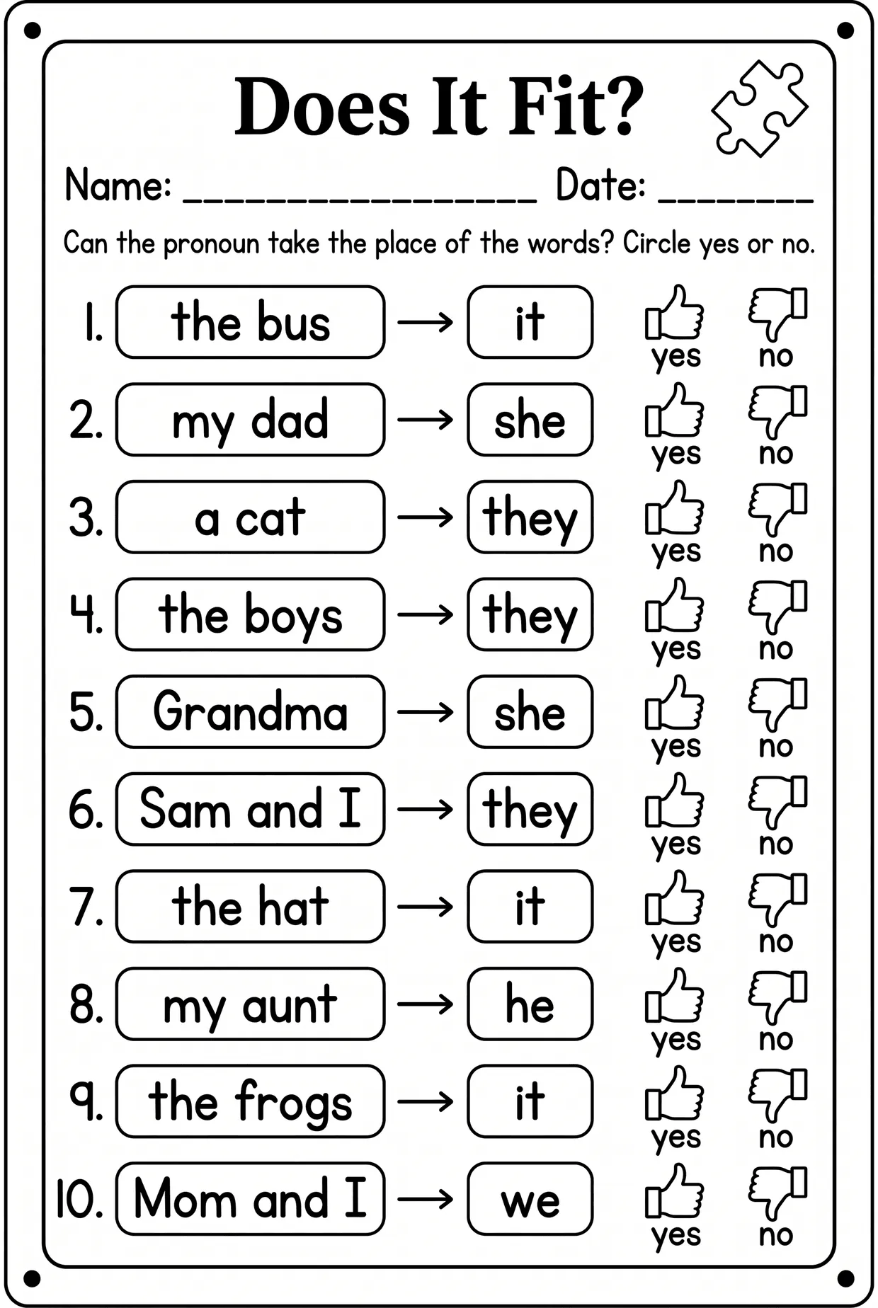 Does It Fit? Yes or No Pronoun Worksheet for Grade 1, page 1 preview
