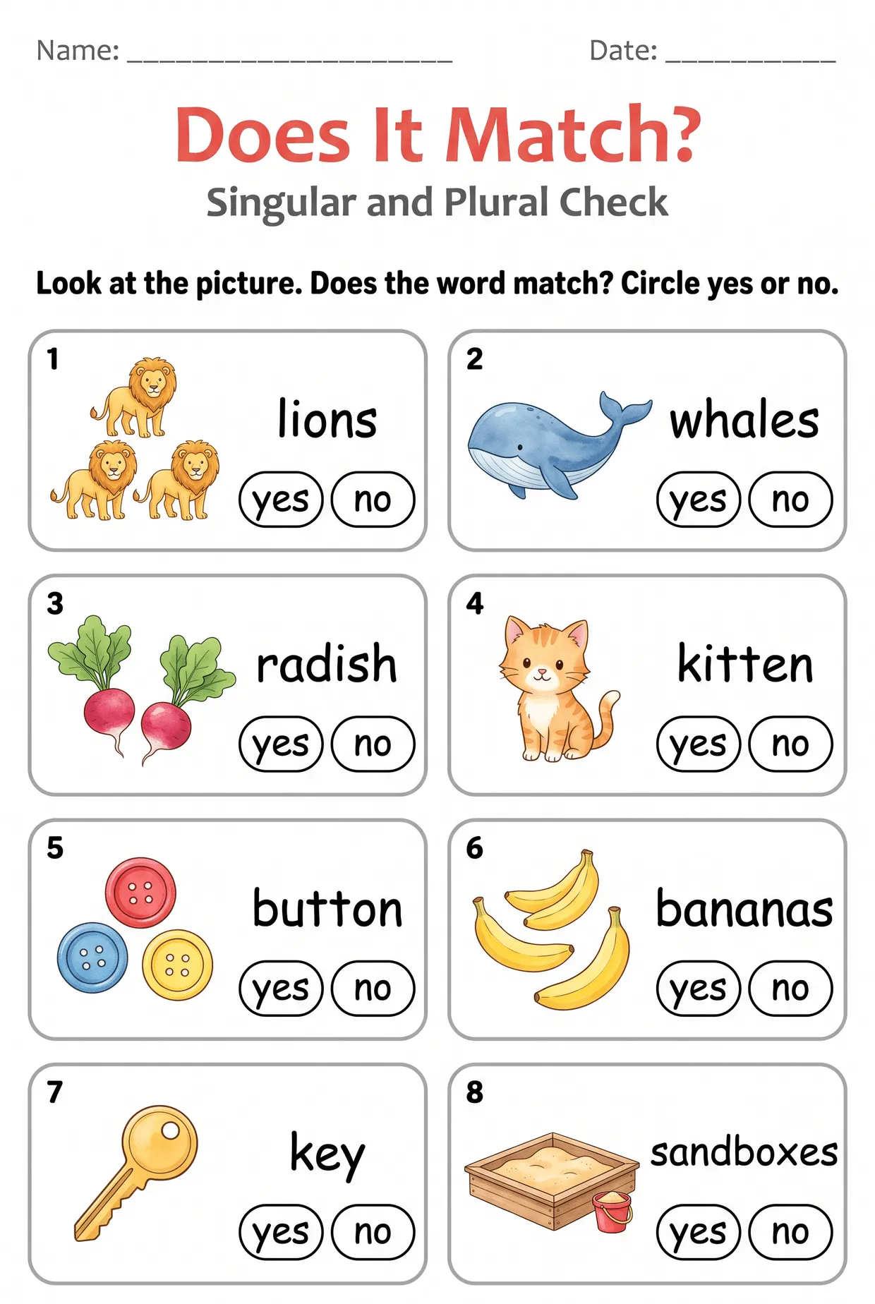 Does It Match? Singular Plural Worksheet for 1st Grade, page 1 preview